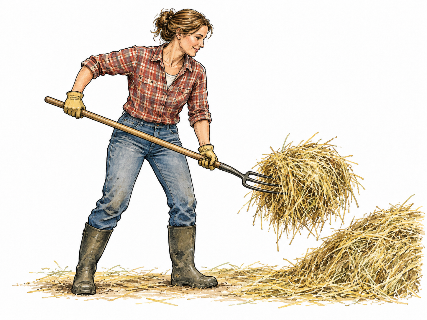 An adult farm worker lifts a manageable bundle of hay with a long-handled three-pronged pitchfork, hay resting on tines, safe mechanically coherent posture.