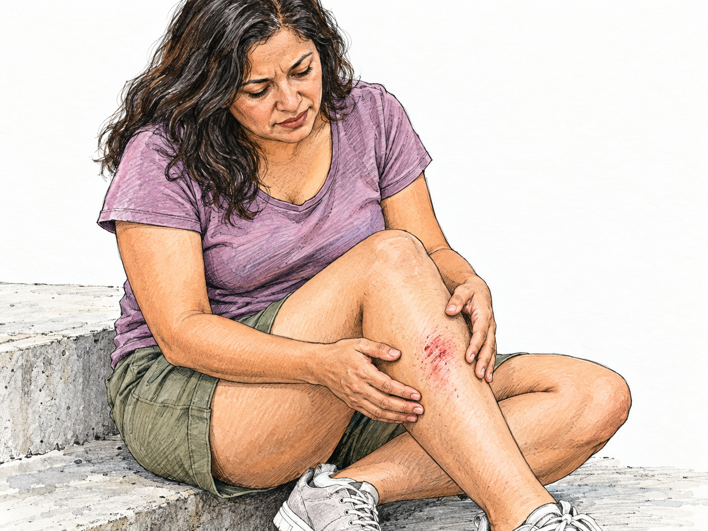 Show the literal skin-scraping sense: a woman seated beside a rough concrete step examines a fresh, shallow abrasion on her shin, with superficial scraped skin clearly visible and no graphic injury.