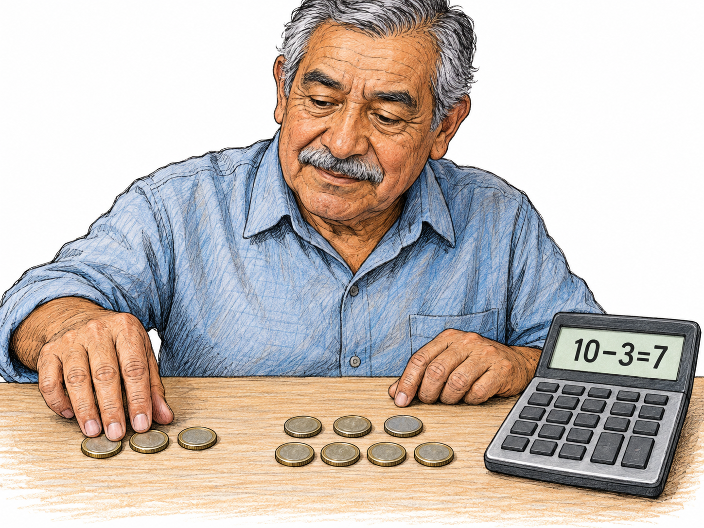 An older man deducts three coins from a total of ten, sliding three away from seven remaining coins beside a calculator displaying the matching subtraction.