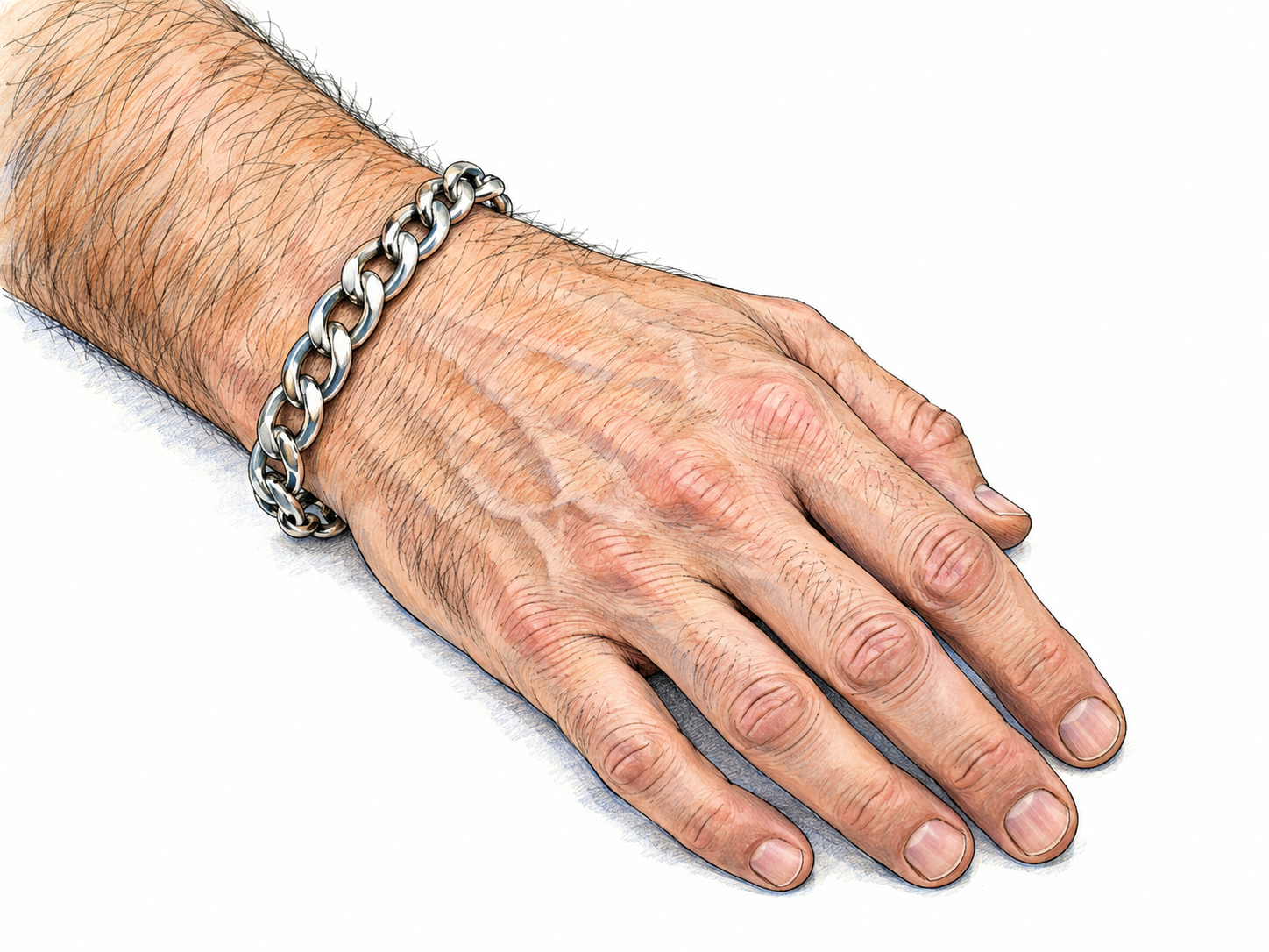 Close-up of a man's relaxed hand and wrist wearing a polished silver chain bracelet, clearly presented as jewelry rather than a watch or wrist strap.
