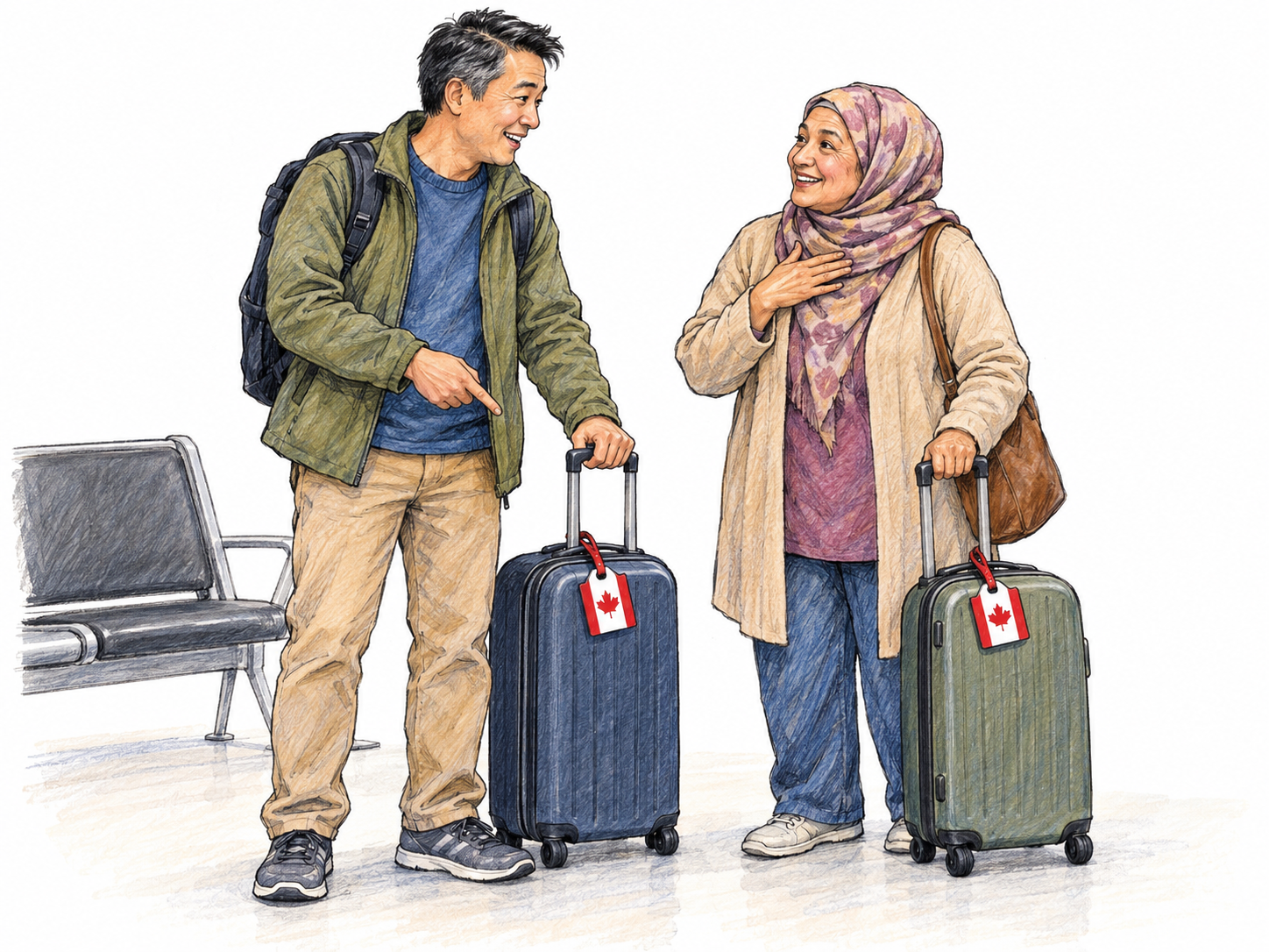 Two Canadian travelers recognize each other as compatriots while abroad, smiling in greeting beside their suitcases, which carry matching Canadian-flag luggage tags.