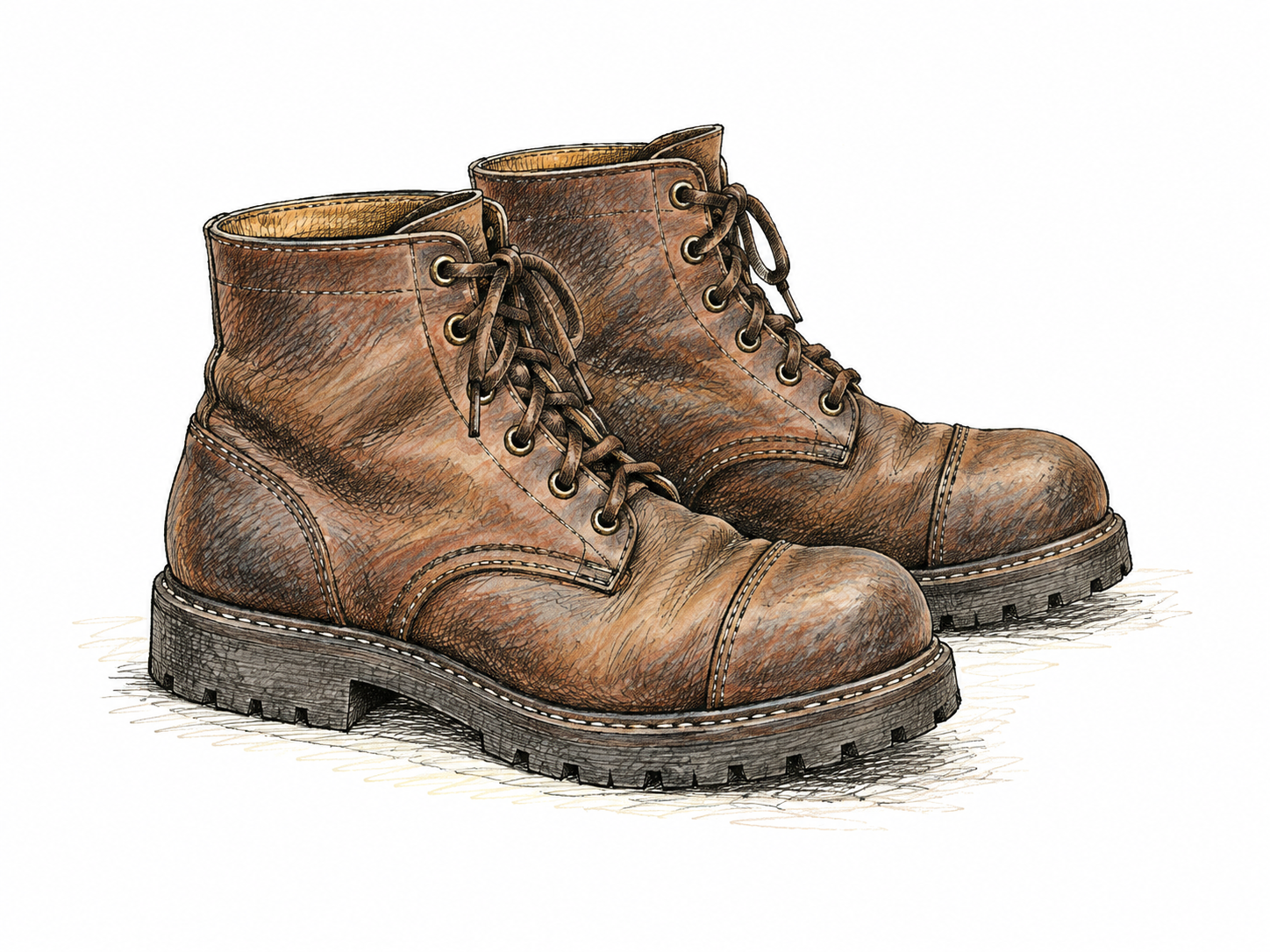 A pair of heavy sturdy ankle-high leather work shoes with thick soles, plain lace-up fronts and reinforced construction, side view makes ankle height clear; no branding or excessive polish.