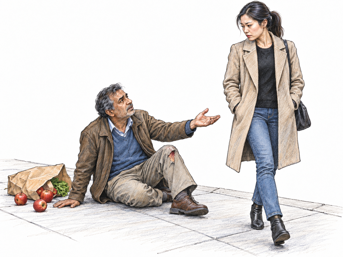 A woman looks directly at an injured man reaching for help but keeps her hands in her pockets and steps around him with a cold, unmoved expression, depicting the compassionless branch of the selected meaning.