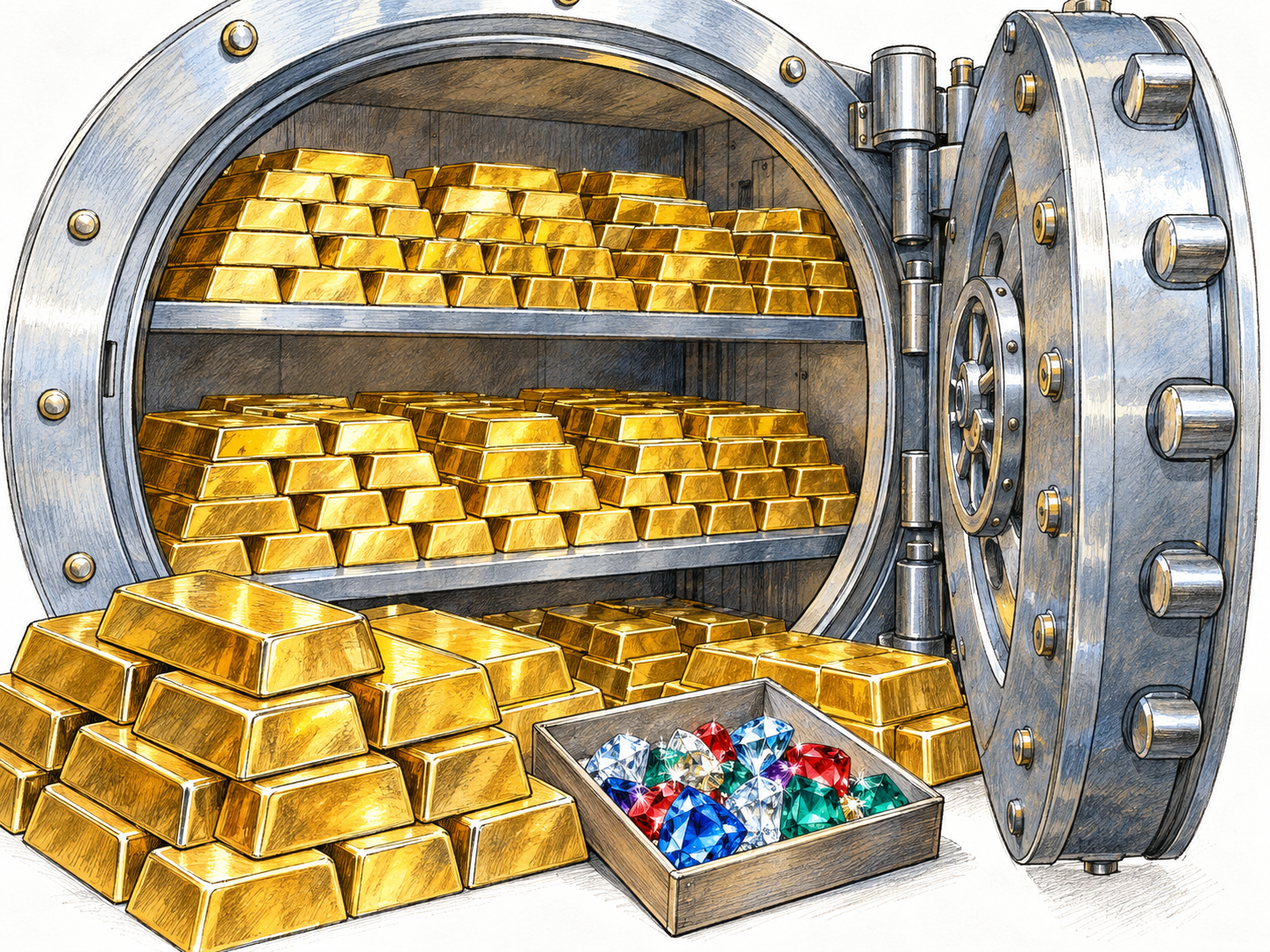An open bank-vault doorway reveals a substantial stockpile of gold bars and a foreground tray of loose gemstones, making the large-wealth branch of the frozen definition concrete without requiring people.
