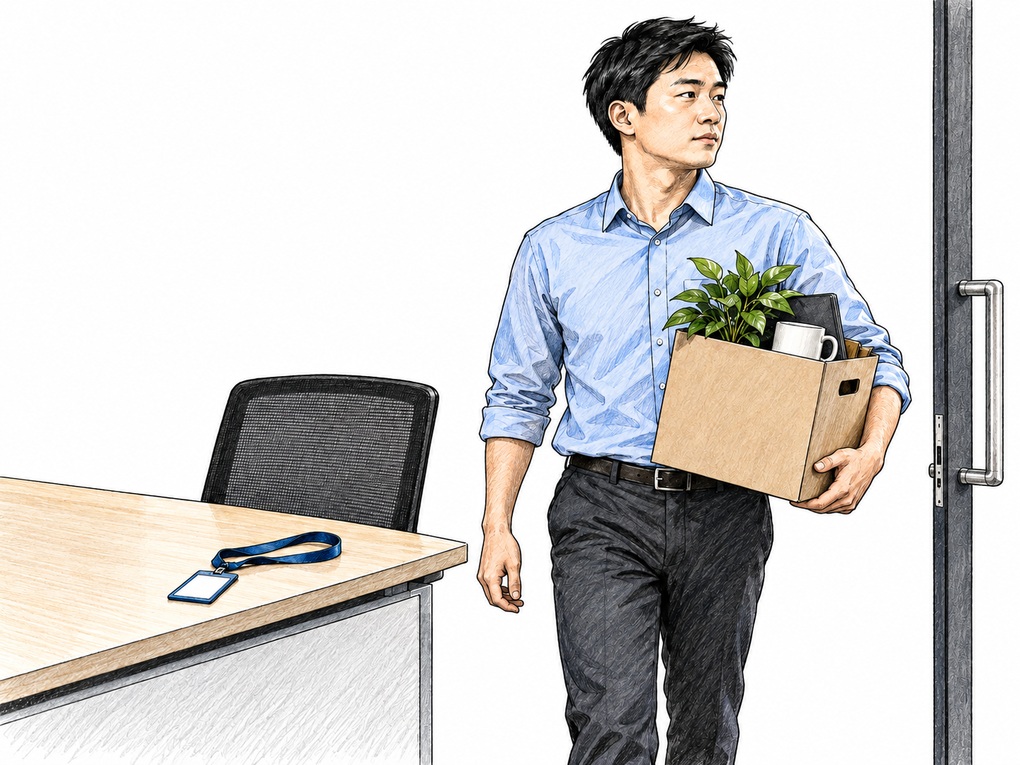 Man leaves office carrying cardboard box of personal plant and plain mug after placing ID lanyard on empty desk; decisive departure from job, no writing.