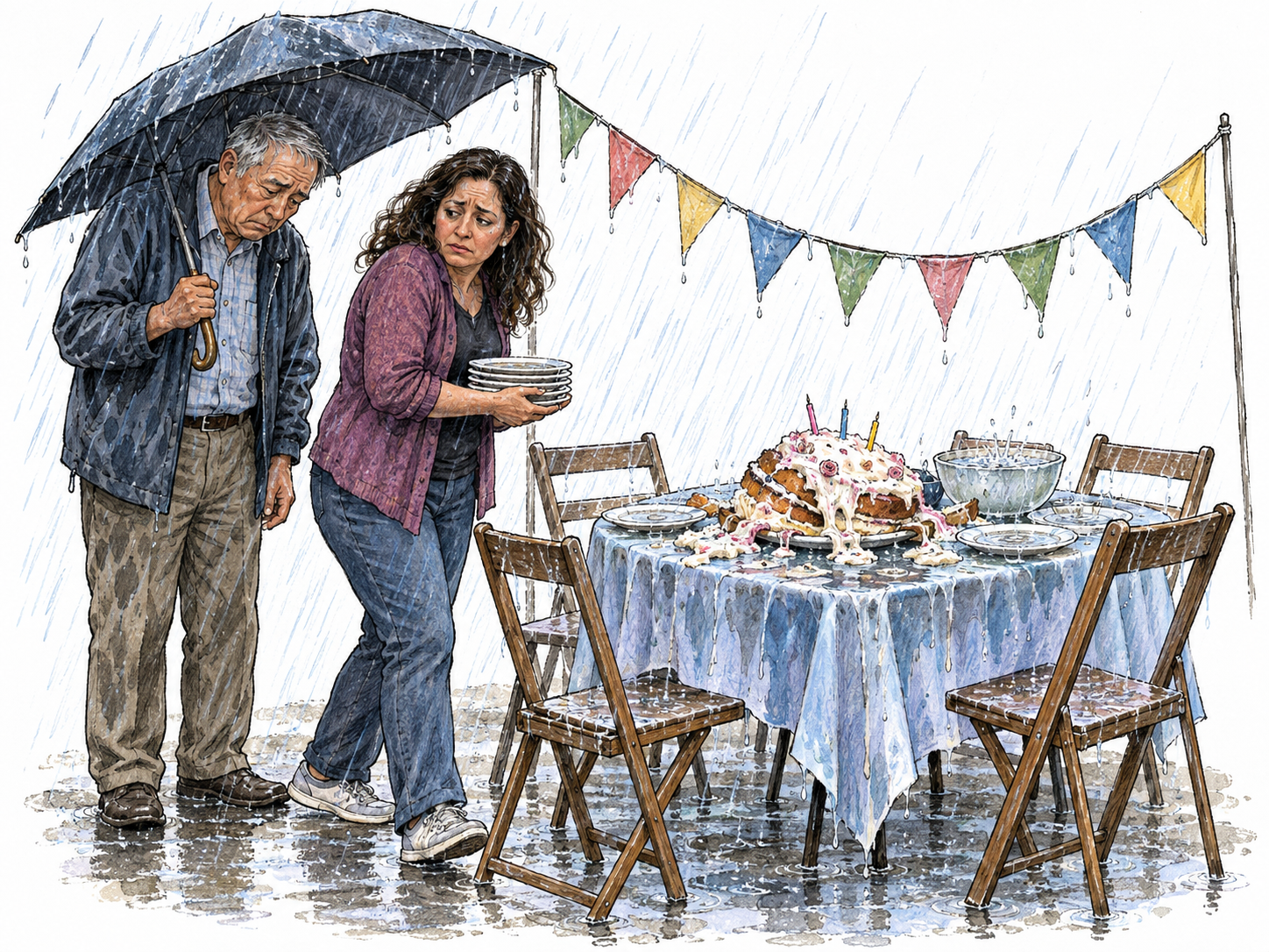A sudden downpour scuppers a carefully prepared outdoor celebration: an unoccupied table is soaked, its cake has collapsed, and the two organizers abandon the setup with dismayed expressions.