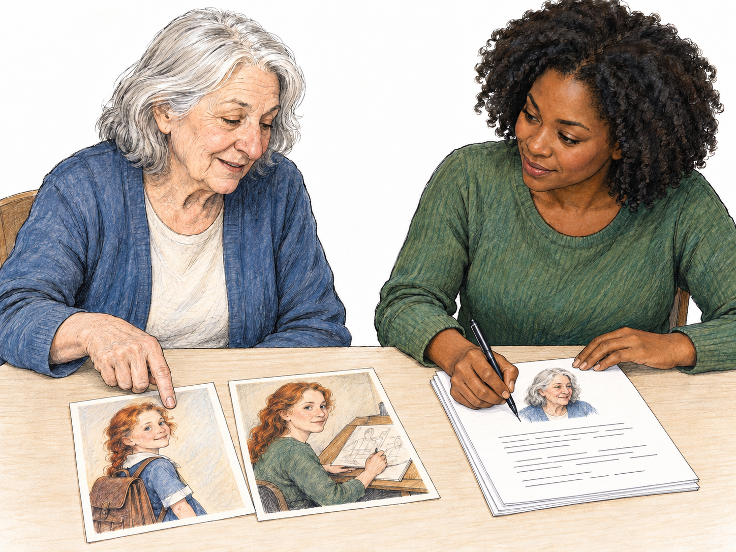 A writer composes a life account beside its elderly subject, using two portraits of that same woman as a child and working adult.
