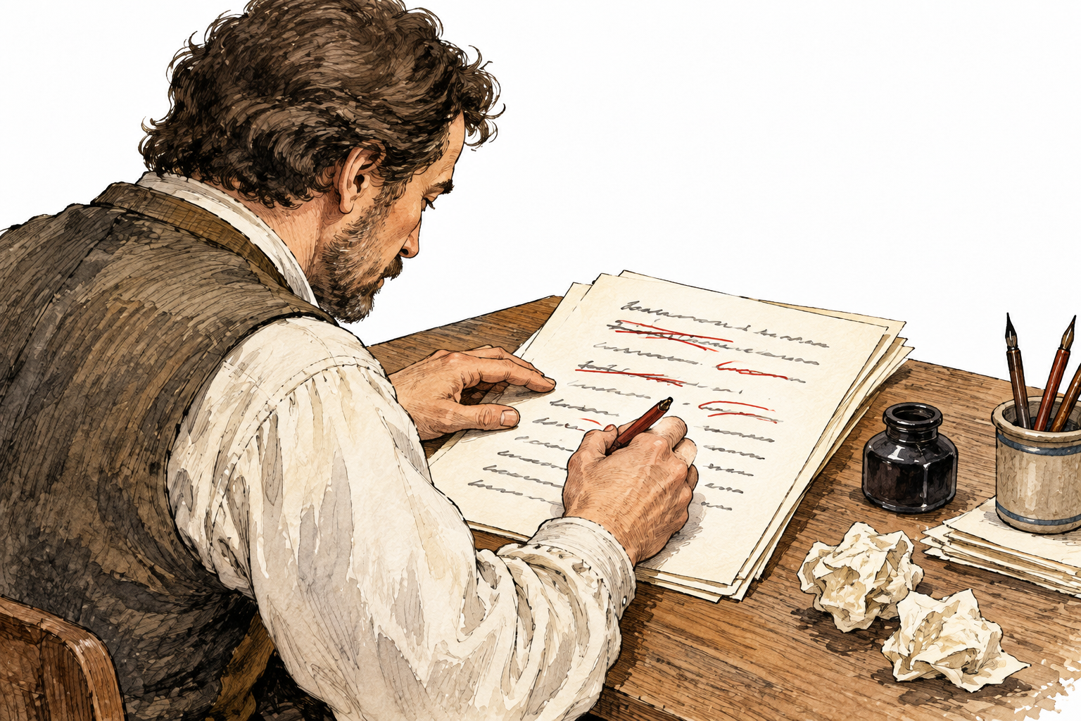An editor crosses out a few abstract illegible lines and inserts new abstract strokes on a manuscript, visible revision process, no readable writing.