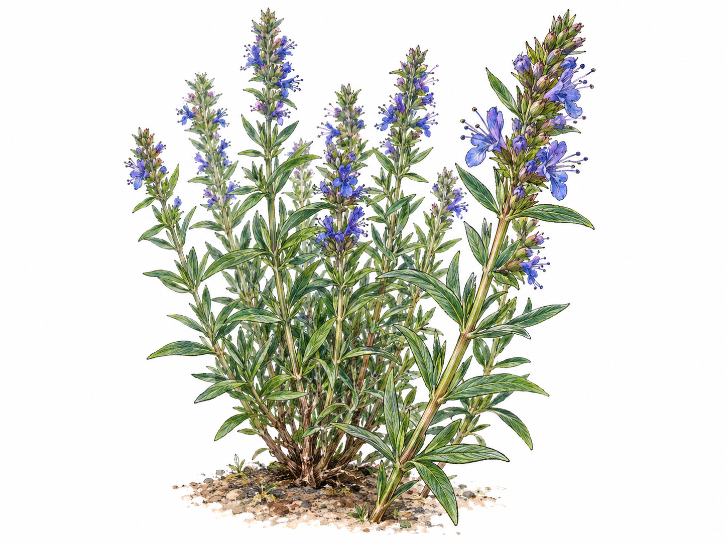 A recognizable flowering common hyssop plant (Hyssopus officinalis), with narrow opposite leaves and blue-violet, two-lipped flowers clustered along upright stems.