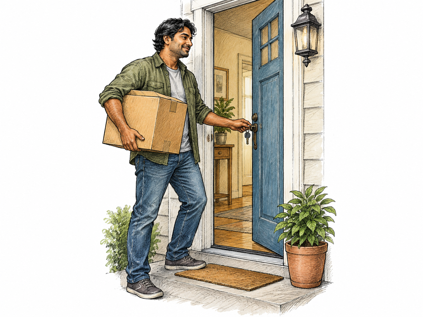 An adult settles into a small home doorway with a house key and one moving box, choosing the have-ones-home sense of live; no address or words.