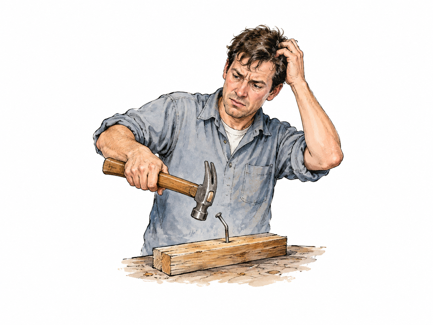 Amateur awkwardly tries to hammer a nail with hammer held backward, bent nail in scrapwood and puzzled face; no injury.