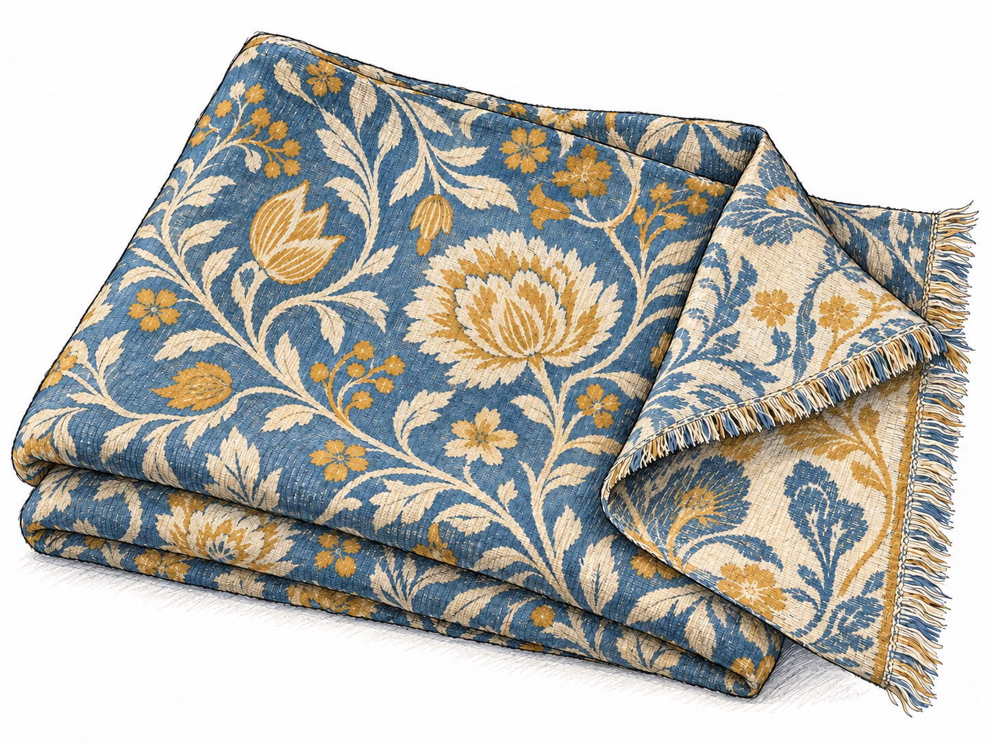 A folded length of jacquard fabric with one corner turned back, revealing an intricate botanical pattern woven into the cloth and its contrasting reverse.