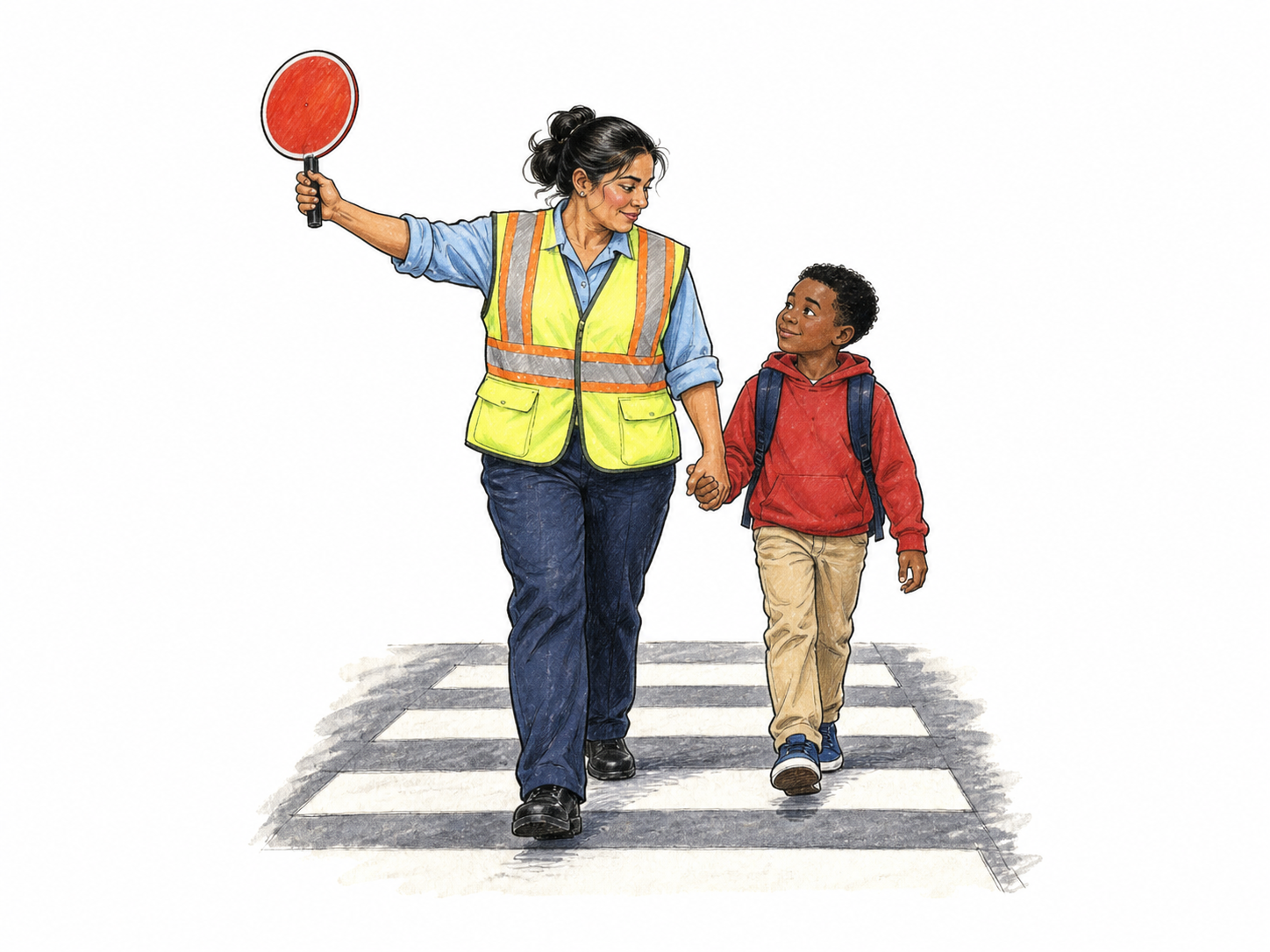 Person reliably tends an assigned public crossing, guiding a child safely at zebra crossing with no traffic signs or words.