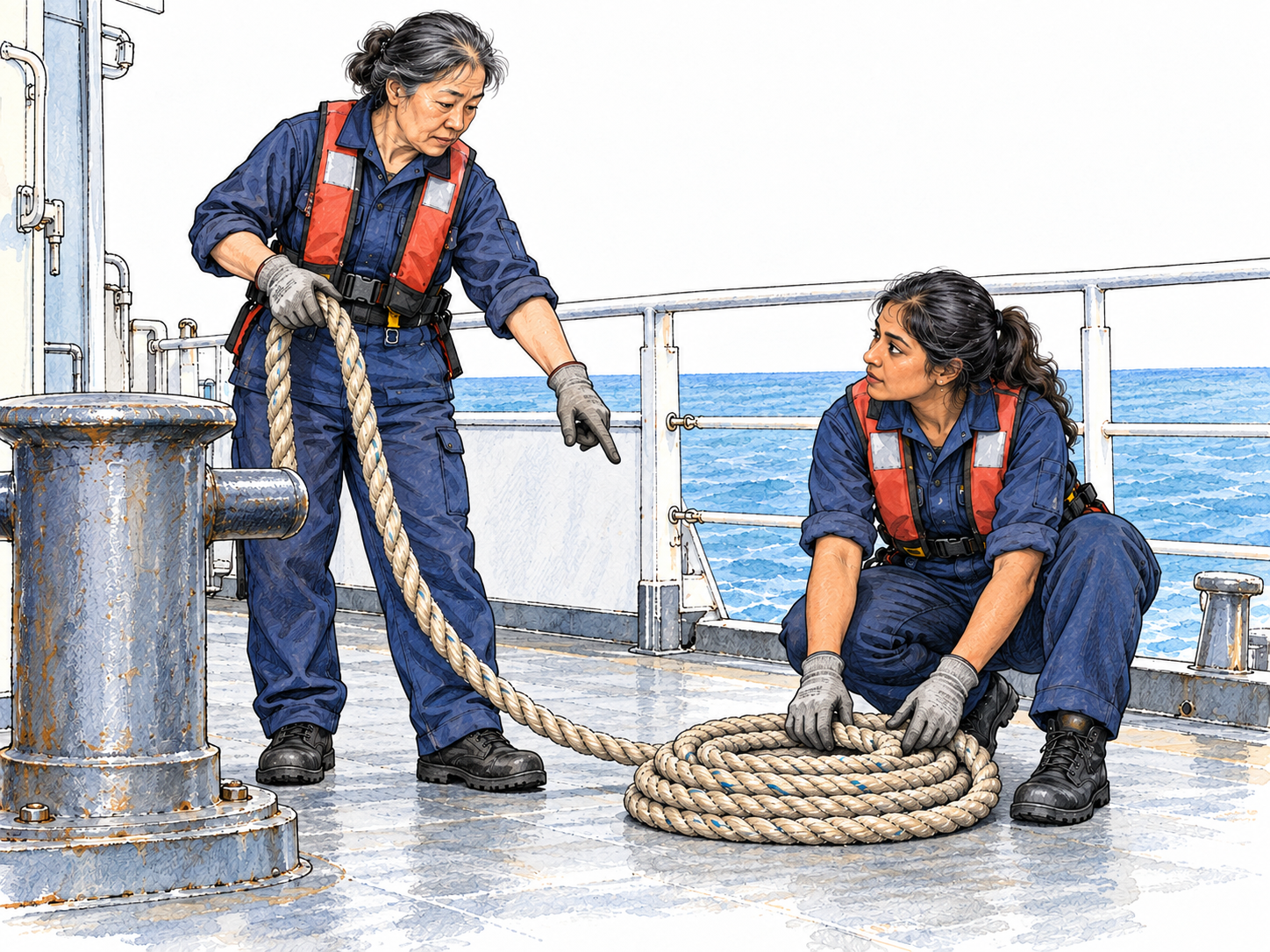 On a modern working ship's deck, a boatswain inspects a mooring line and directs a deckhand coiling it beside a bollard, visibly combining equipment oversight with supervision of crew work.