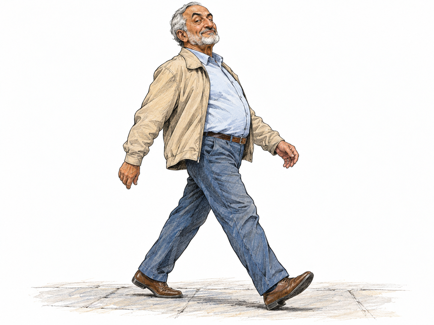 An older man strides with an exaggerated, self-important strut: chest thrust forward, chin raised, shoulders back, and a smug sideways glance.
