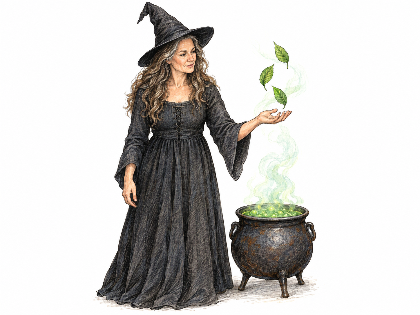 A recognizable storybook witch in a pointed hat and plain dark dress casts a spell over a small iron cauldron; a few leaves visibly hover above her open hand.