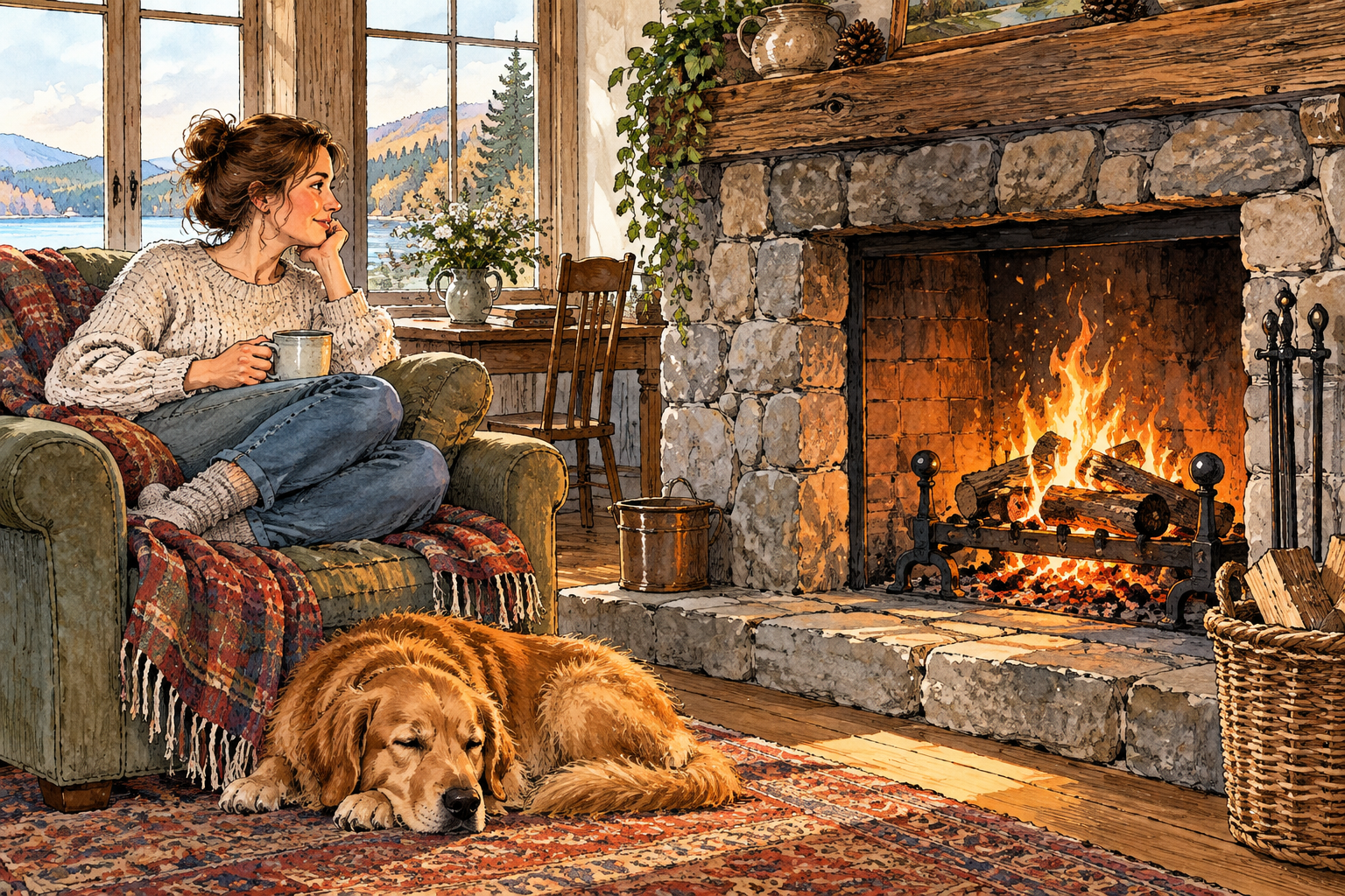 A small wood fire crackles with tiny sparks and snapping twigs in a stone hearth, warm vivid ink texture, no sound words.
