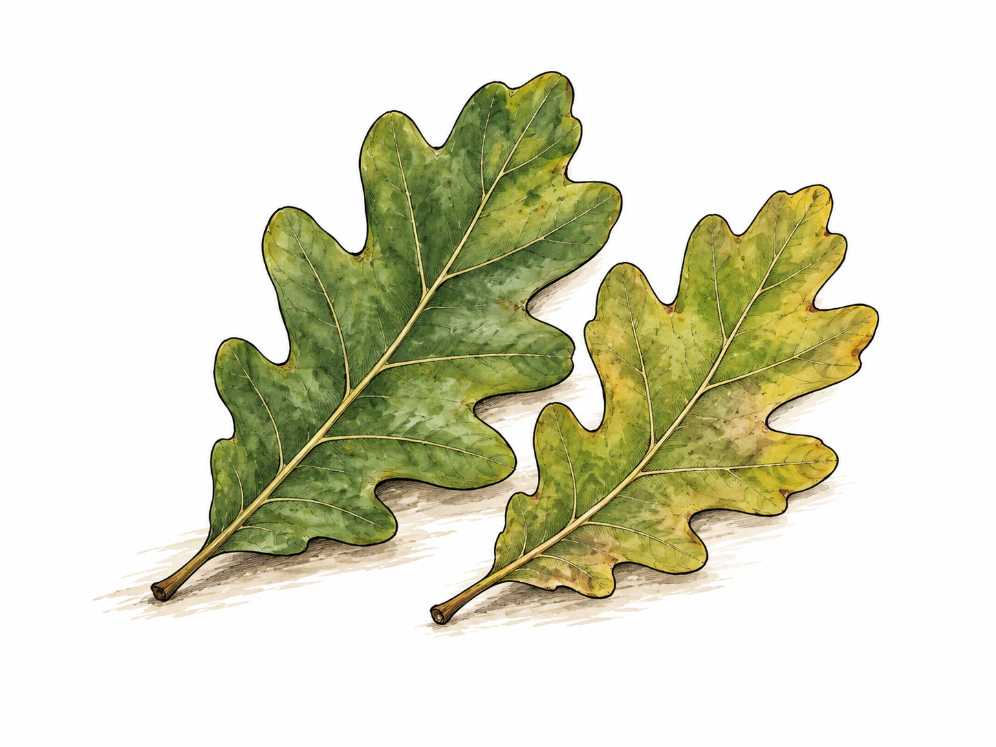 Two similar oak leaves with slightly different shapes lie together.