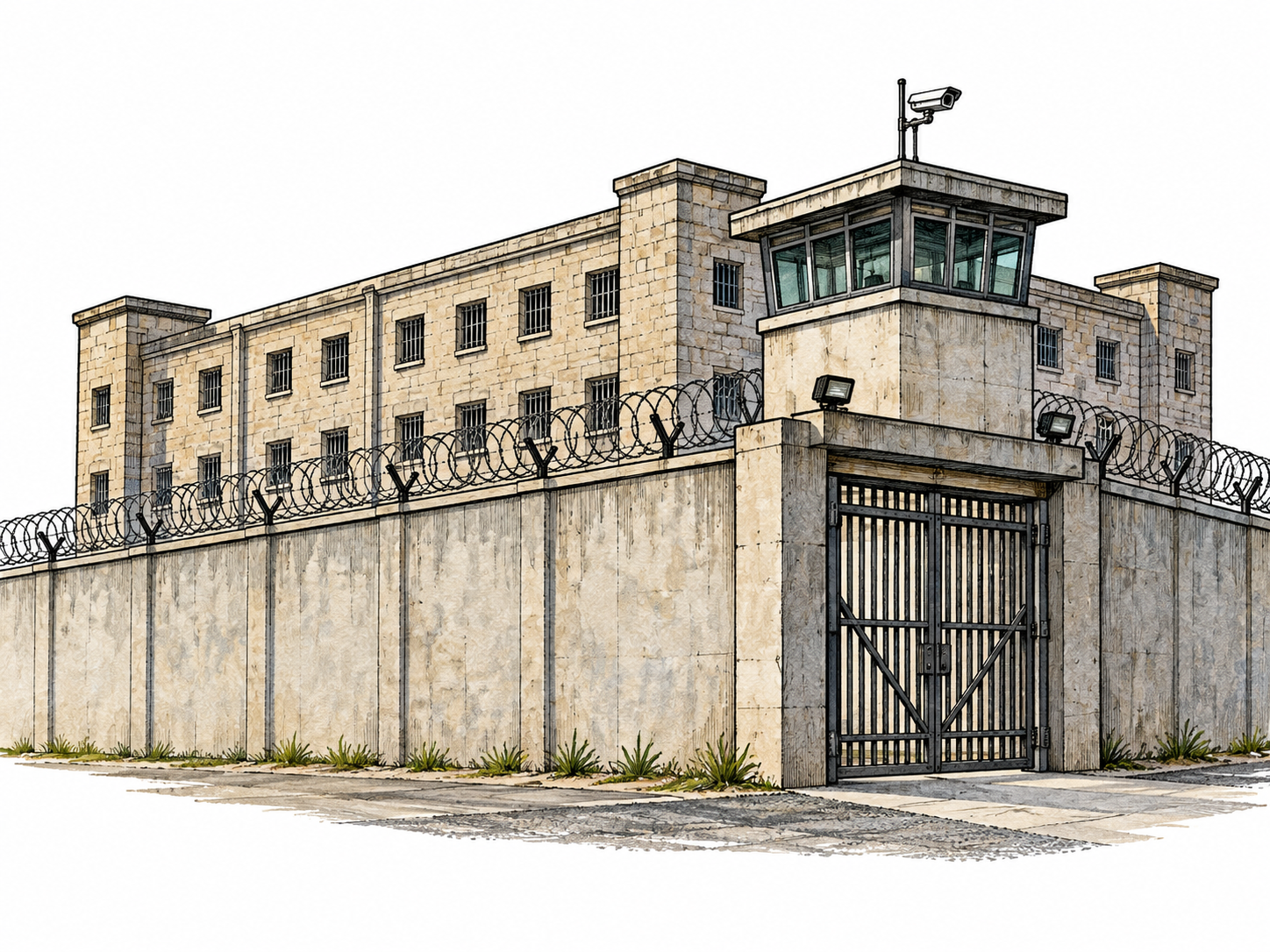 An isolated secure prison building has barred windows, a secure gatehouse and a high perimeter wall; no inmates or demographic assumptions.