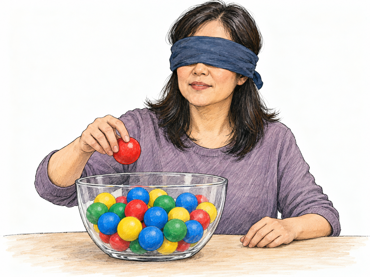 A blindfolded woman draws one colored ball from a bowl of thoroughly mixed colored balls, making a choice without seeing or favoring a particular ball.