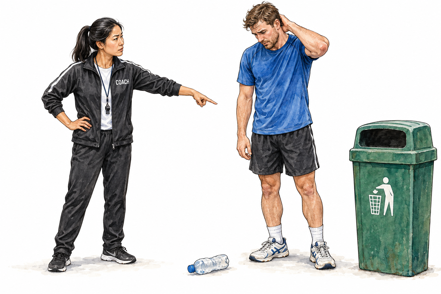 Asian female coach sternly but calmly reprimands white adult player for littering, points toward discarded bottle and bin.
