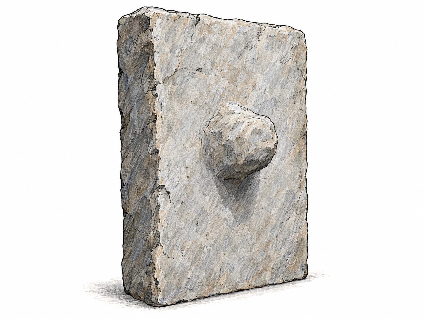 A mostly smooth stone slab with one blunt, integral knob projecting prominently outward from its face, seen at an angle that makes the protrusion unmistakable.