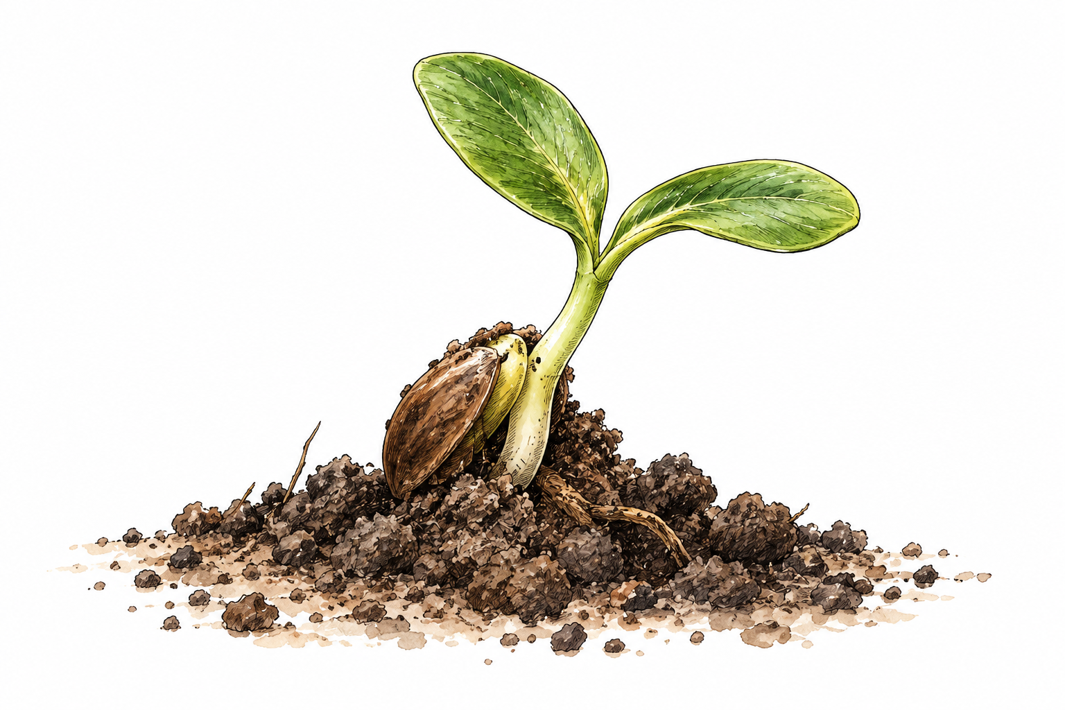 A tiny seedling just beginning to emerge from soil, early development.