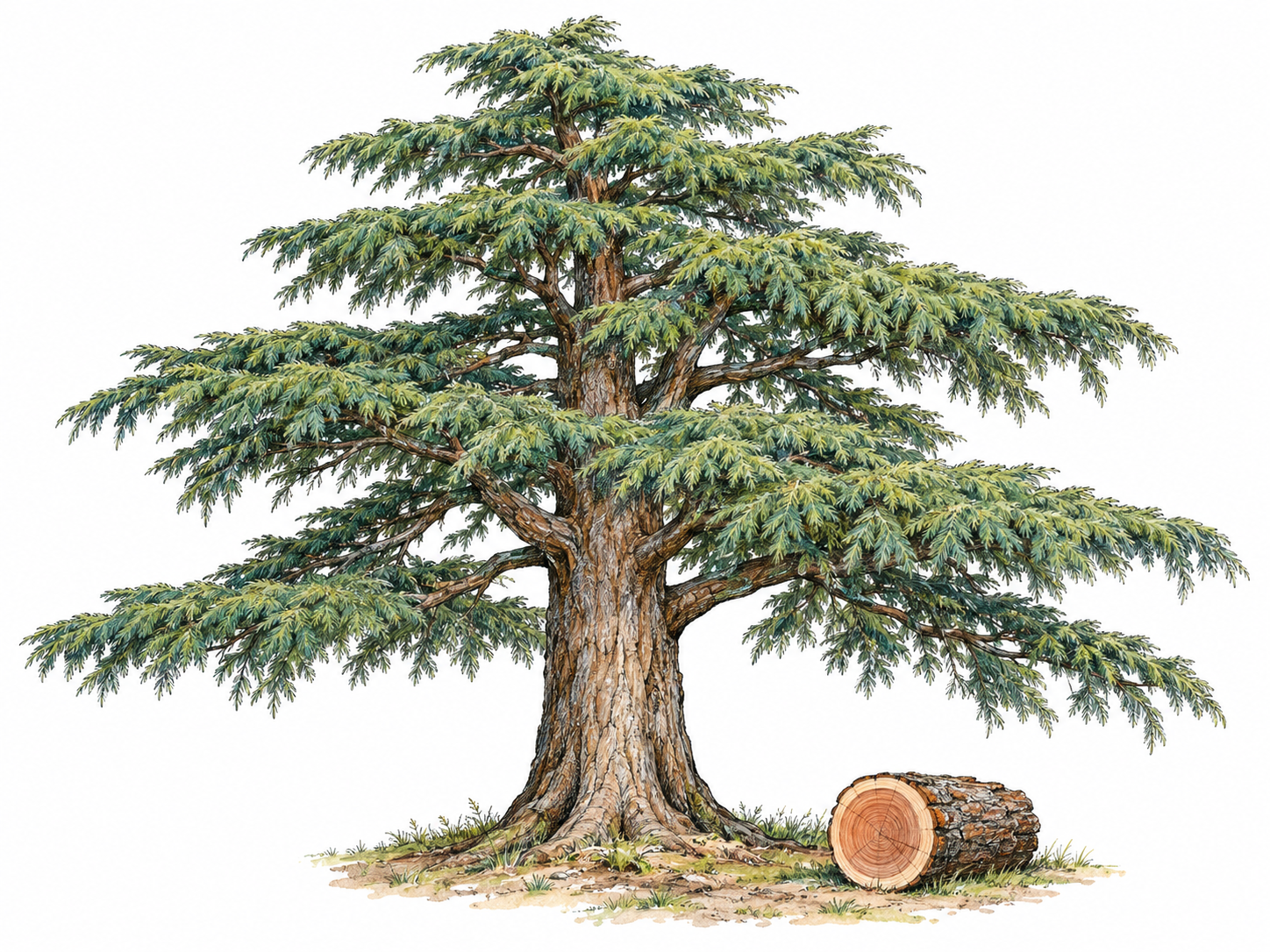 A mature cedar tree with broad, tiered evergreen branches, accompanied by a small freshly cut cedar log in the foreground to connect the living tree with its wood.