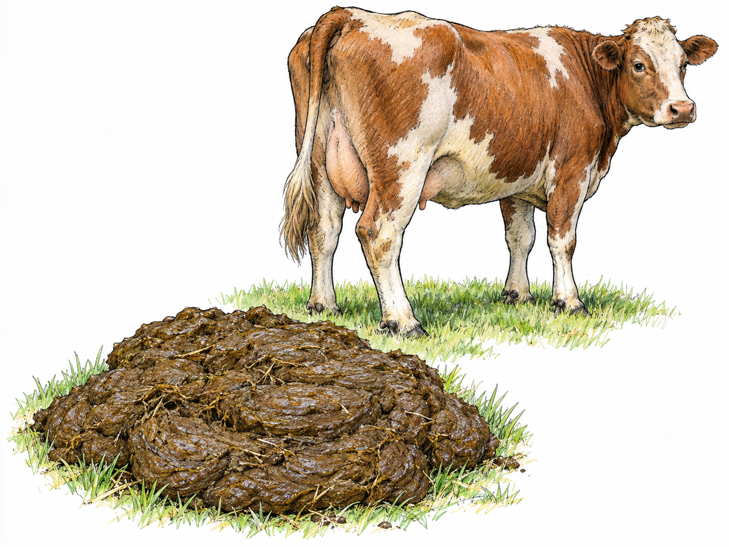 A clearly recognizable cow pat in the foreground, with a cow standing just behind it on a sparse patch of pasture, making the animal origin of the waste immediately apparent.