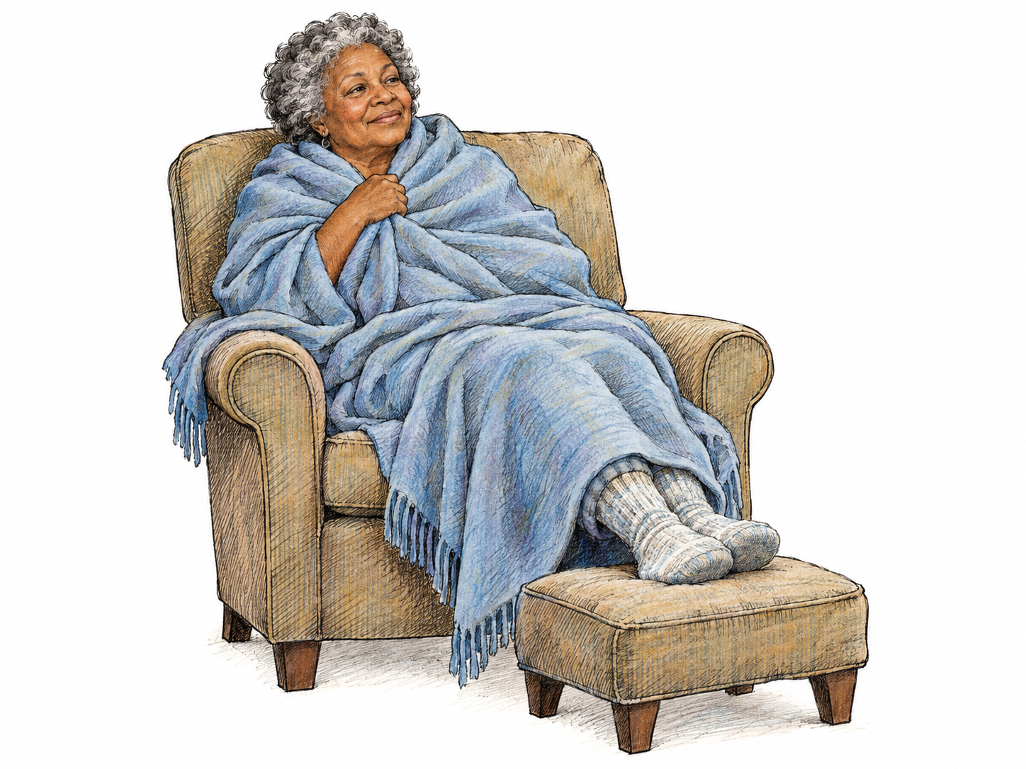 An older Black woman rests comfortably in a compact armchair, tucked into a soft blanket that fits closely around her shoulders and lap, conveying snug warmth and enclosure.