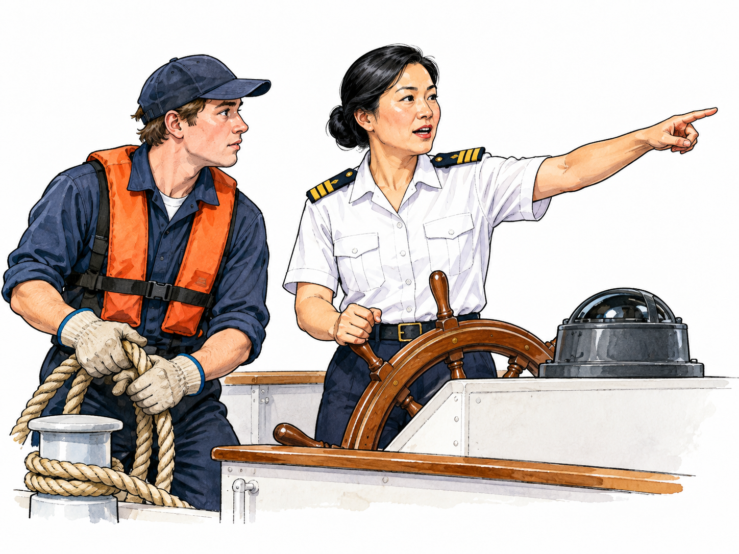 Uniformed adult ship officer on small bridge fragment directs crew with composed authority, generic epaulettes, no insignia text.