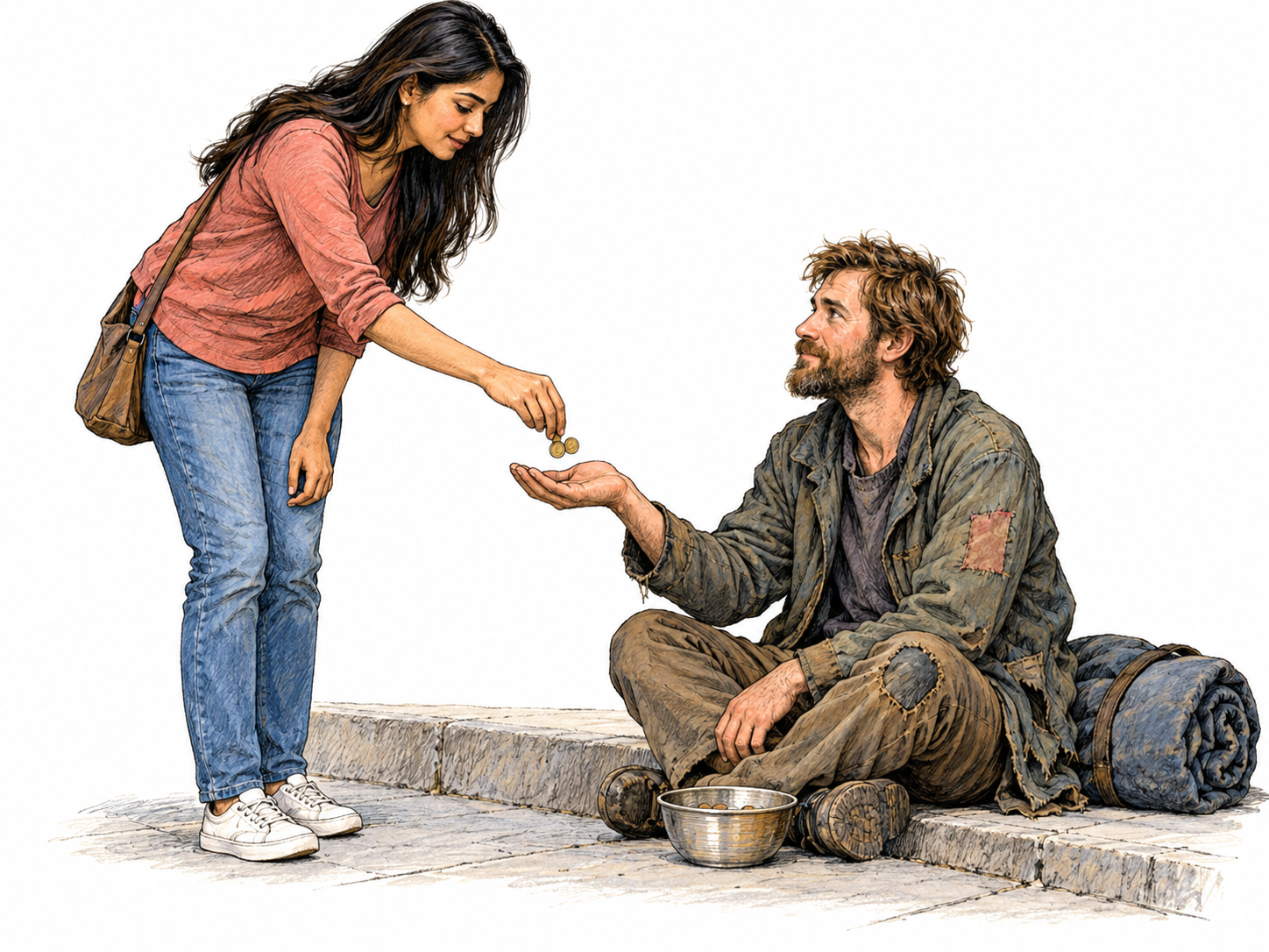 A woman places coins into the open palm of a seated man whose worn clothing, bedding roll and small collection bowl visibly establish material need.