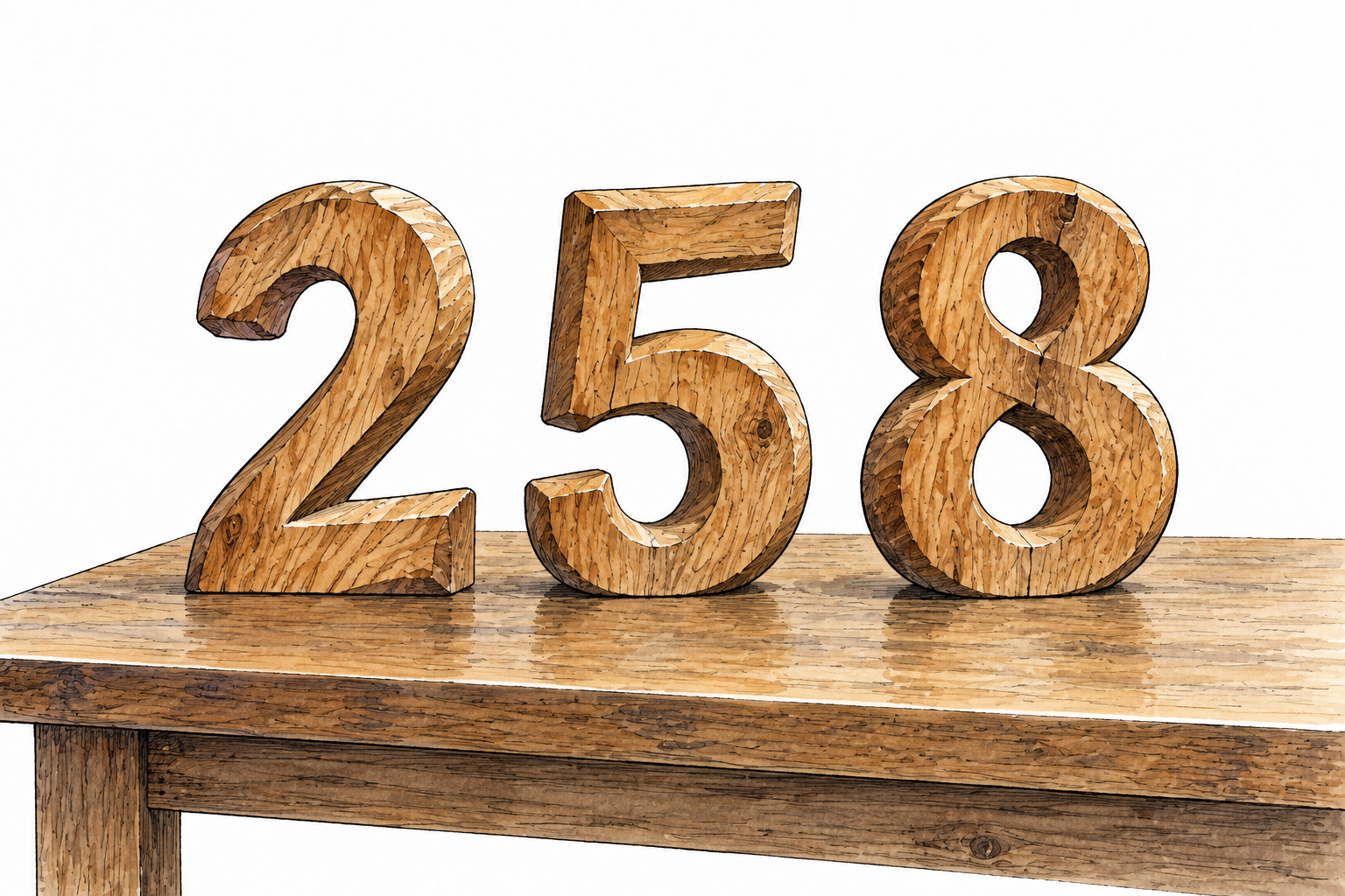 Three carved numeral symbols 2,5,8 standing on a plain table, clear mathematical digits without words or explanation.