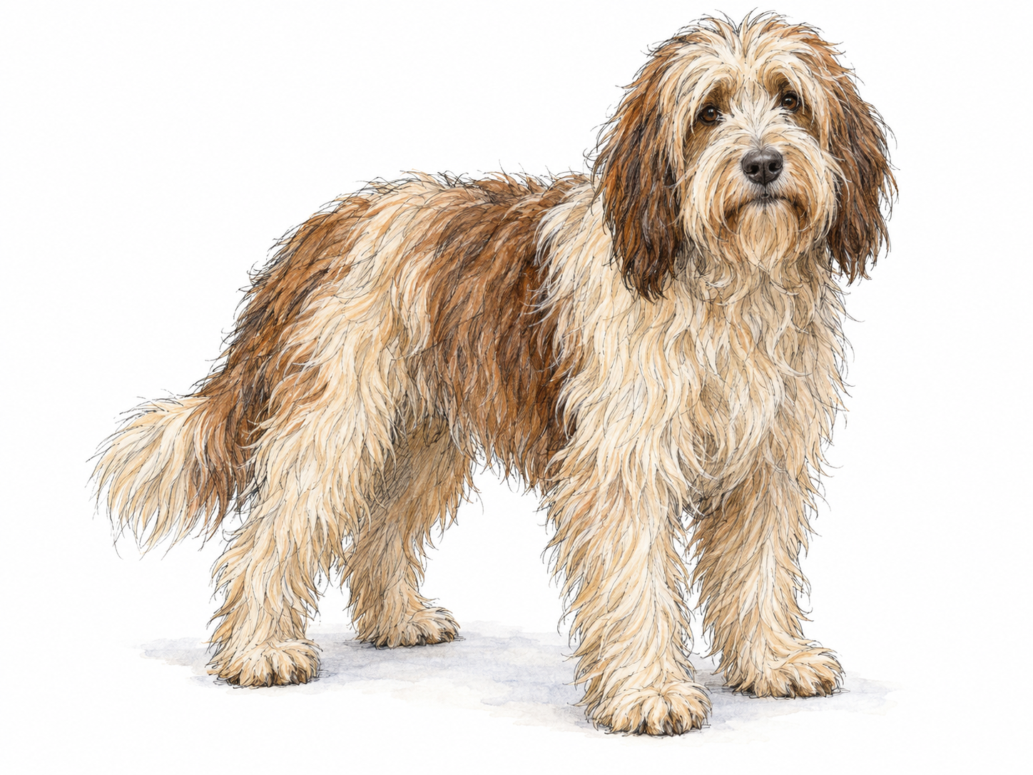A shaggy dog whose long, abundant hair covers its body, legs, cheeks, and brow, making the hairiness immediately visible.