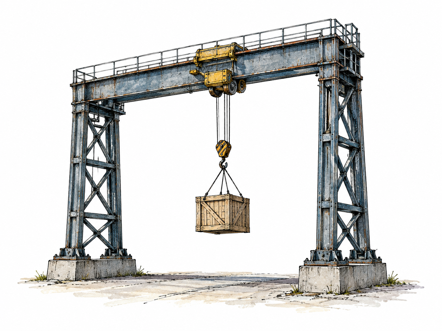 Tall steel gantry frame with overhead trolley lifting one plain crate by straight suspended hook and cable, mechanically coherent industrial support structure; no warehouse panorama, people, labels or logos.