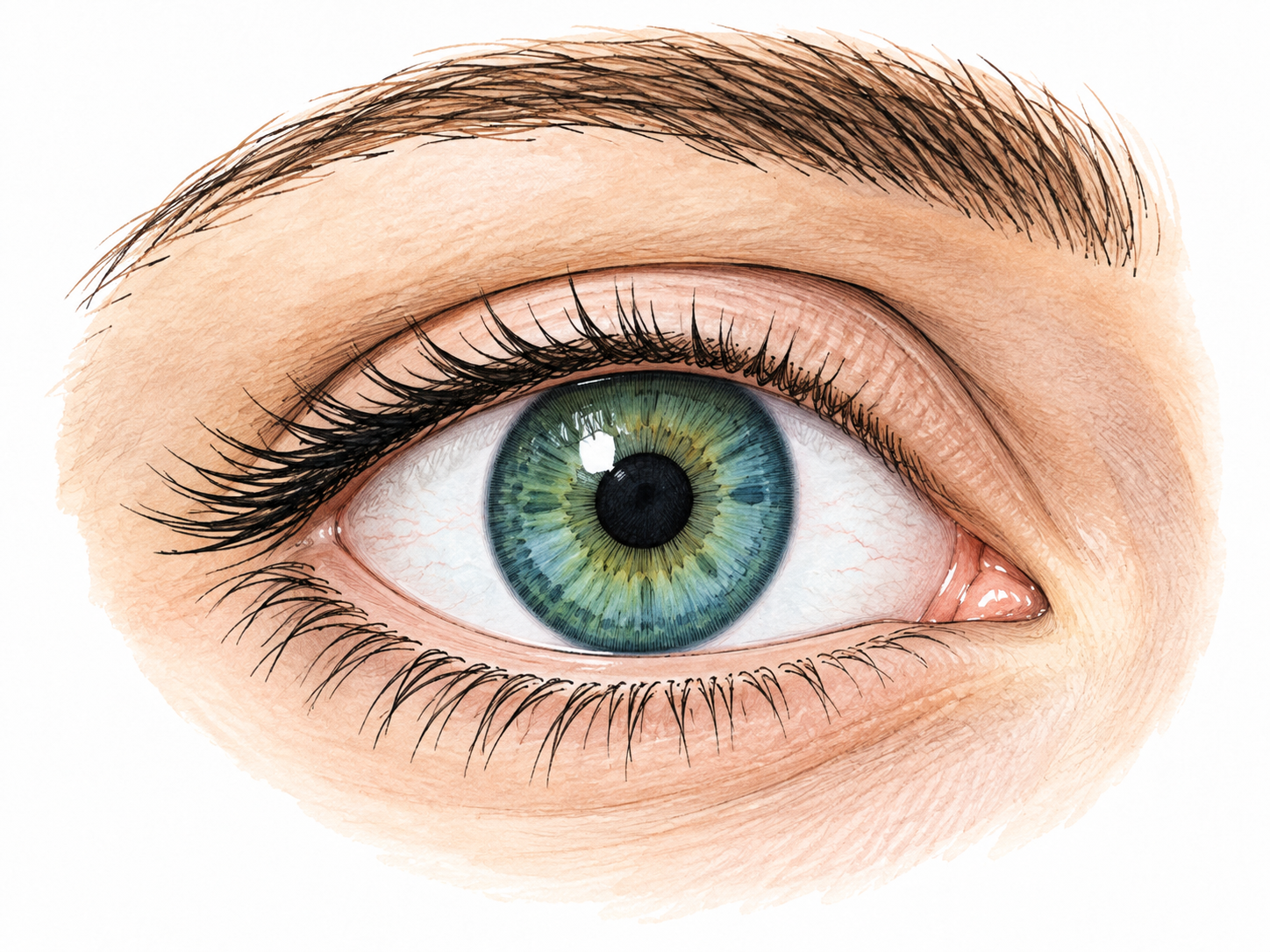 Close view of one human eye, colored green-blue iris forms clear ring around round dark pupil, accurate anatomy.