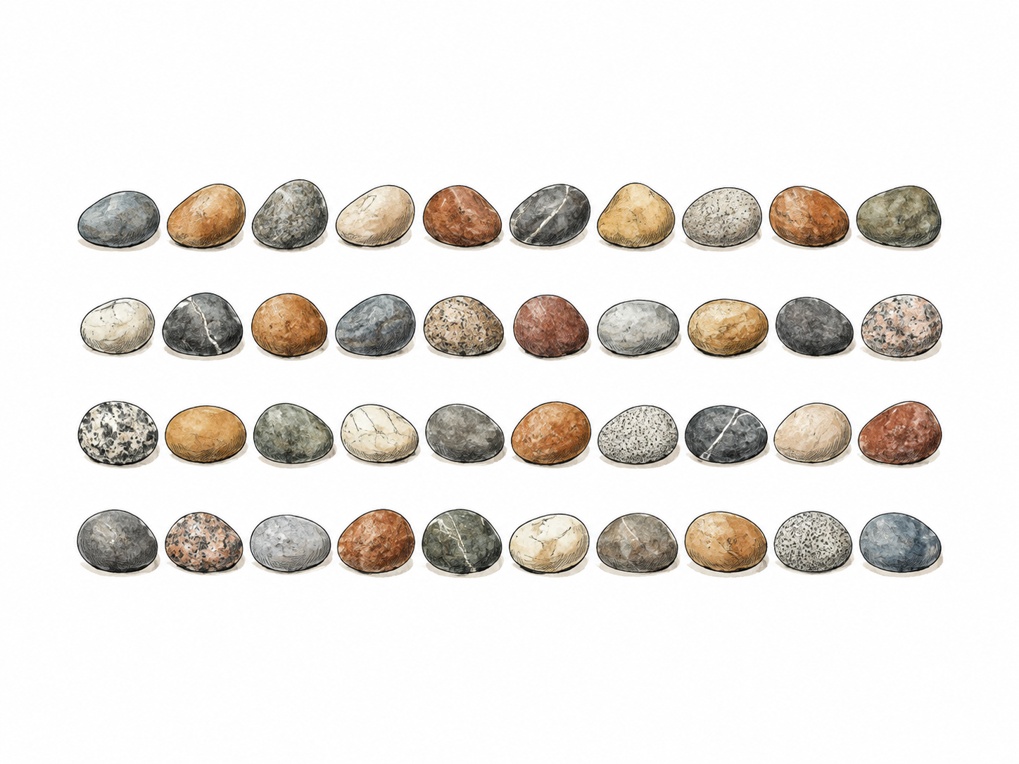 Exactly forty smooth pebbles arranged as FOUR separate rows of TEN, generous gaps, no extra stones, no numerals.