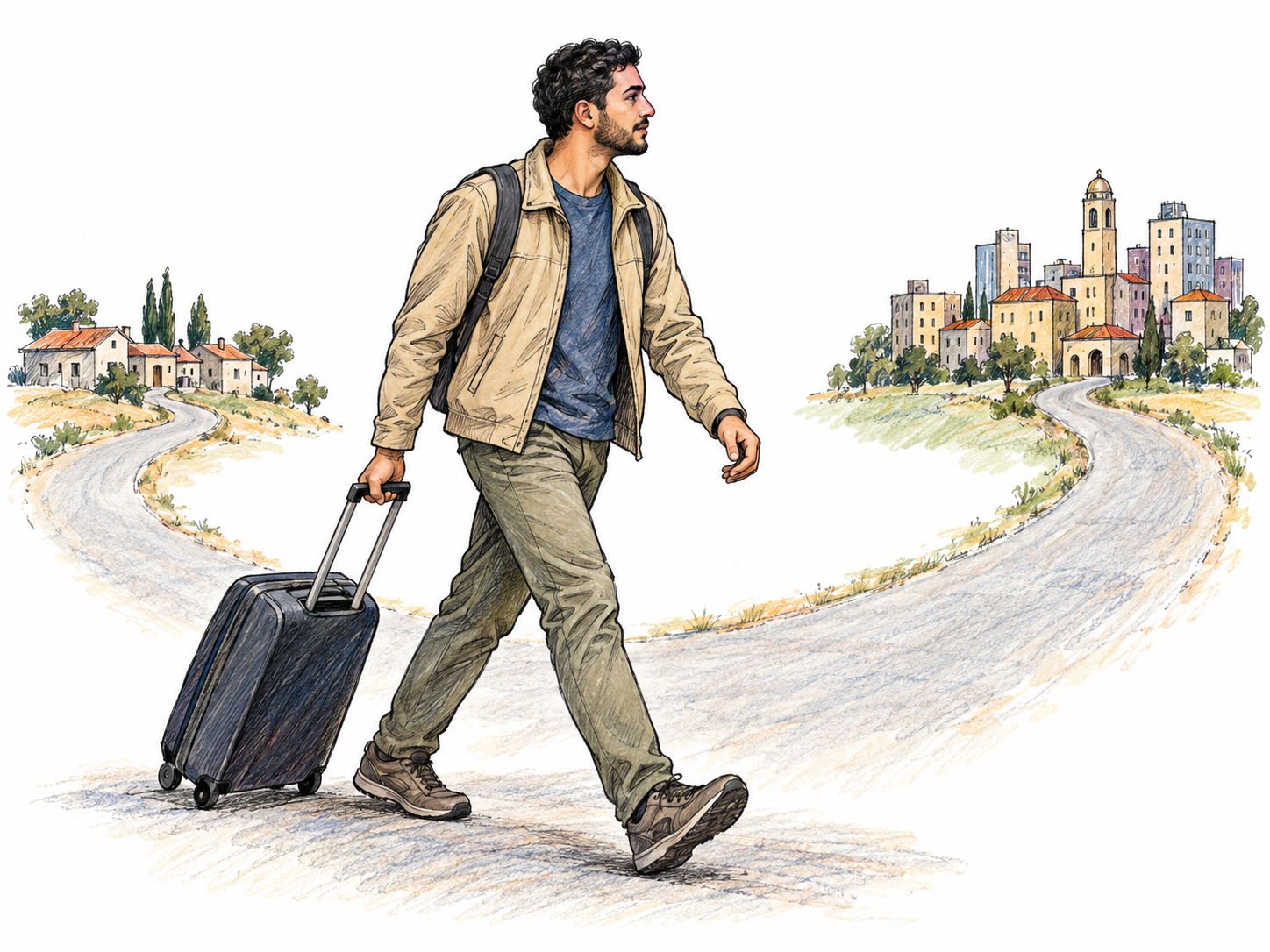 A traveler carrying a suitcase walks along a road connecting a small settlement behind him to a distinct settlement ahead, making travel between two places visible.