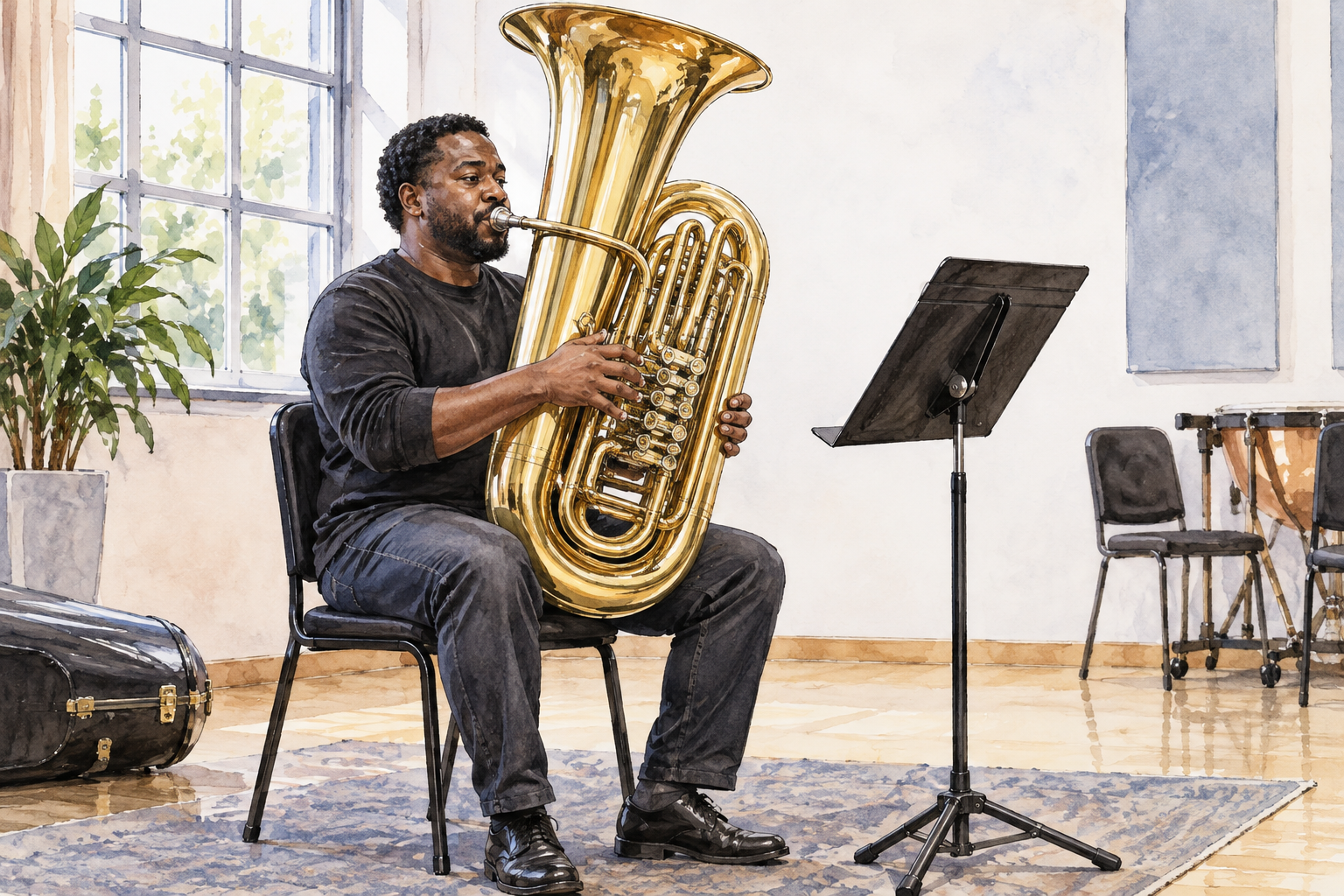 A large gleaming modern brass tuba with coiled tubing, broad upward bell and valves stands beside an adult musician seated in rehearsal, no writing.