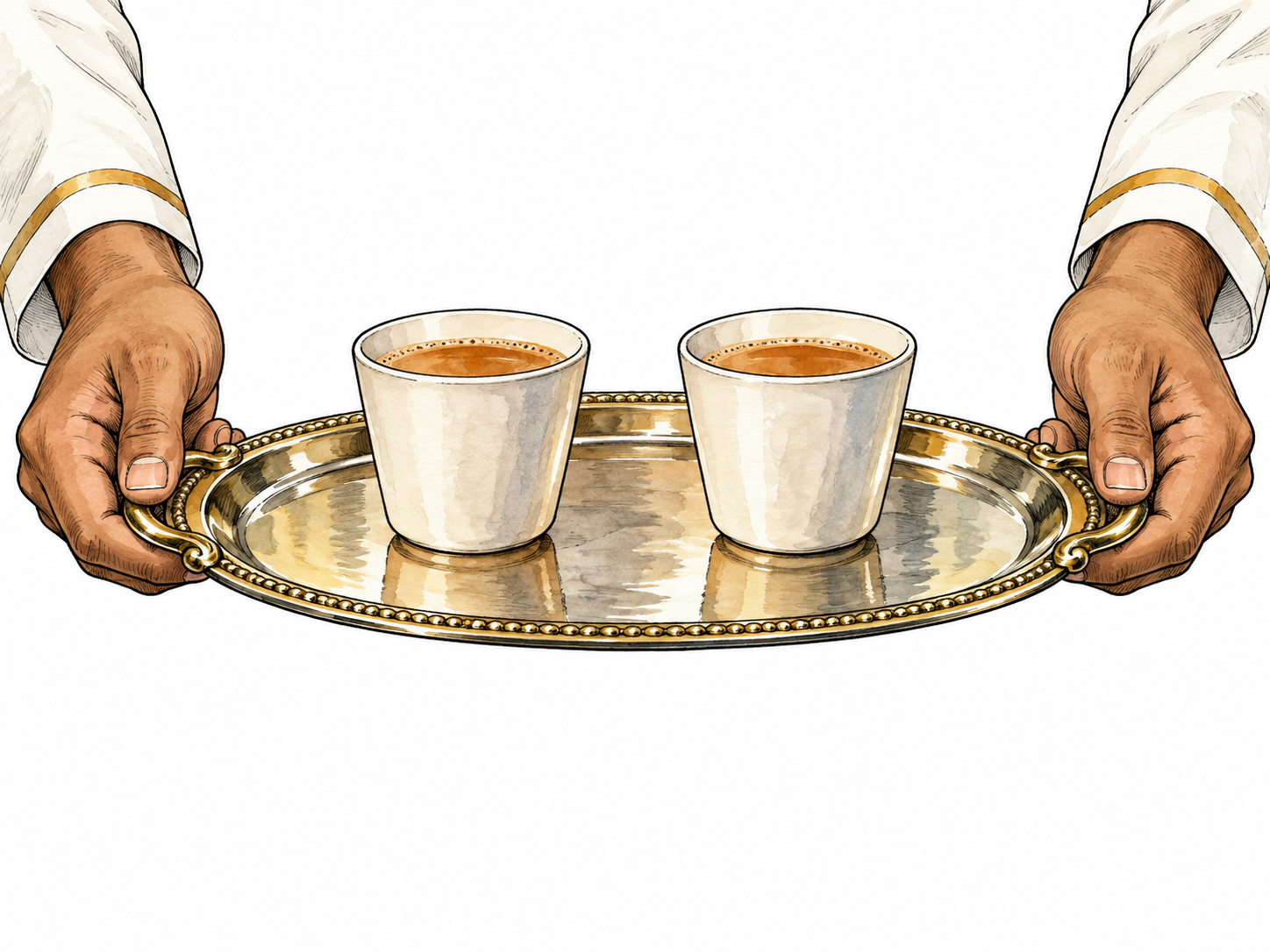 A polished oval serving tray with two plain cups is held level by a server's coherent hands, tray clearly central, no brands or text.