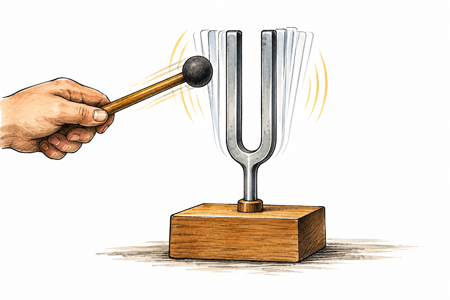 A tuning fork vibrates with subtle repeated edge outlines after being struck, no writing.