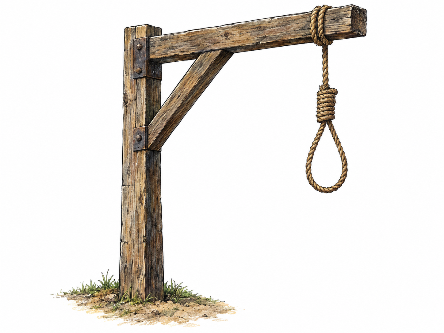 An isolated heavy timber gallows with a projecting crossbeam and a clearly recognizable hanging noose, shown empty and without human remains.