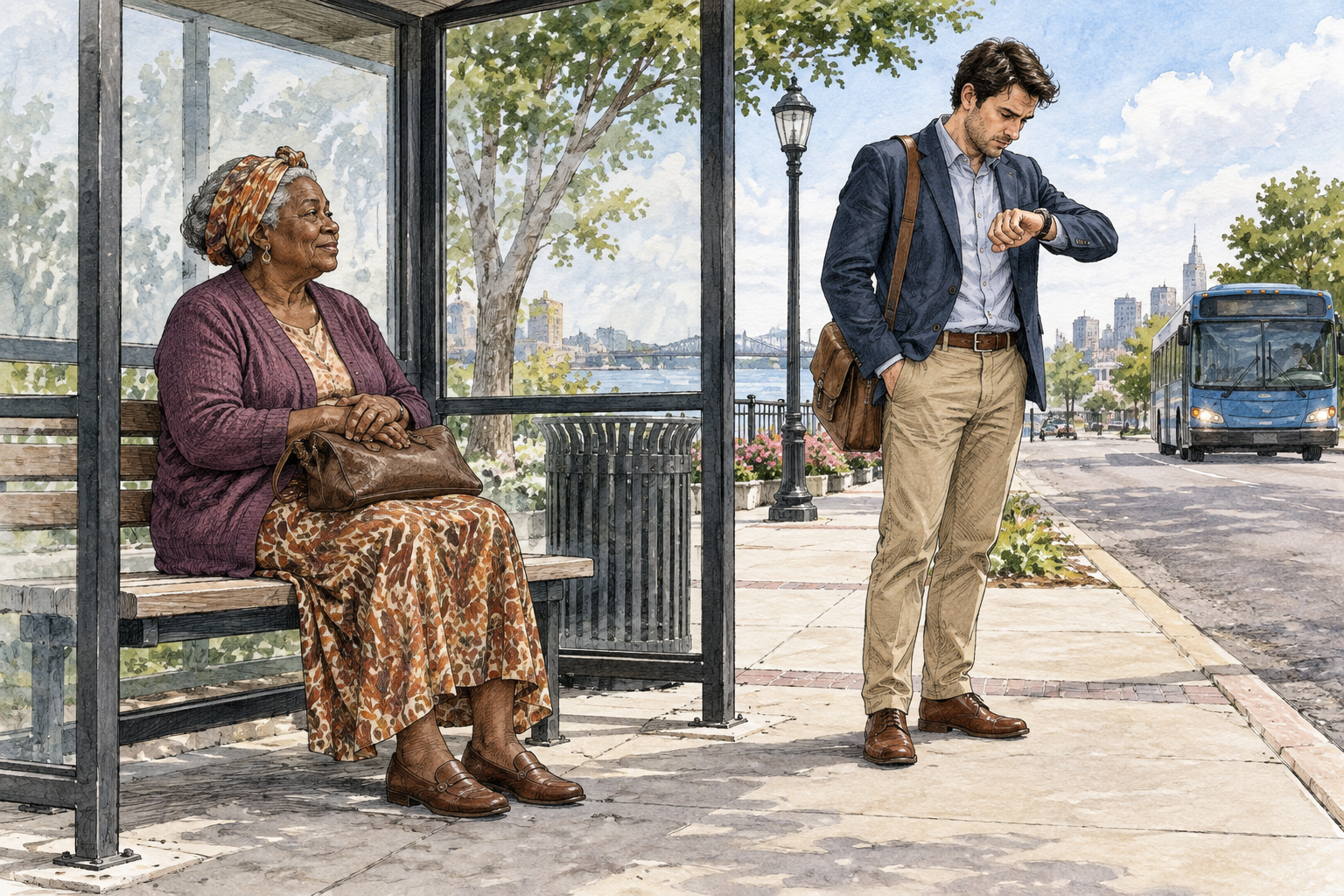Older Black woman waits calmly seated at bus stop while impatient young man checks watch, no timetable lettering.