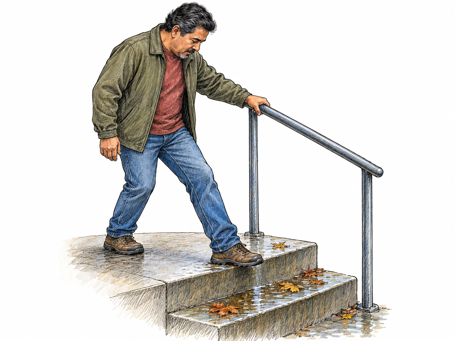 A man cautiously tests a slick outdoor step with one foot while gripping the handrail and keeping his weight securely on the dry landing.