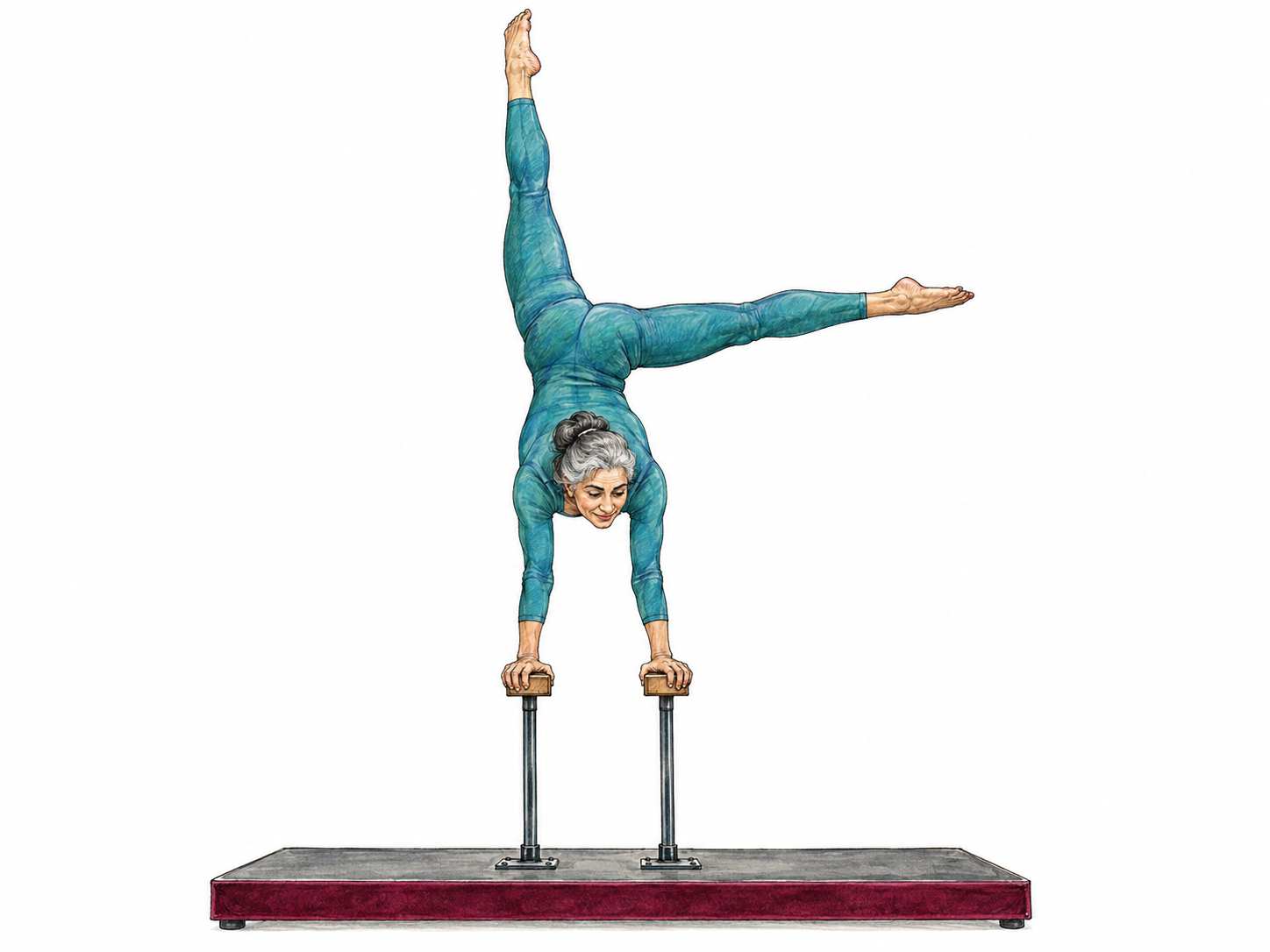An older professional acrobat performs a controlled handstand on two raised hand-balancing canes, with one straight leg vertical and the other extended sideways, on a small performance platform.