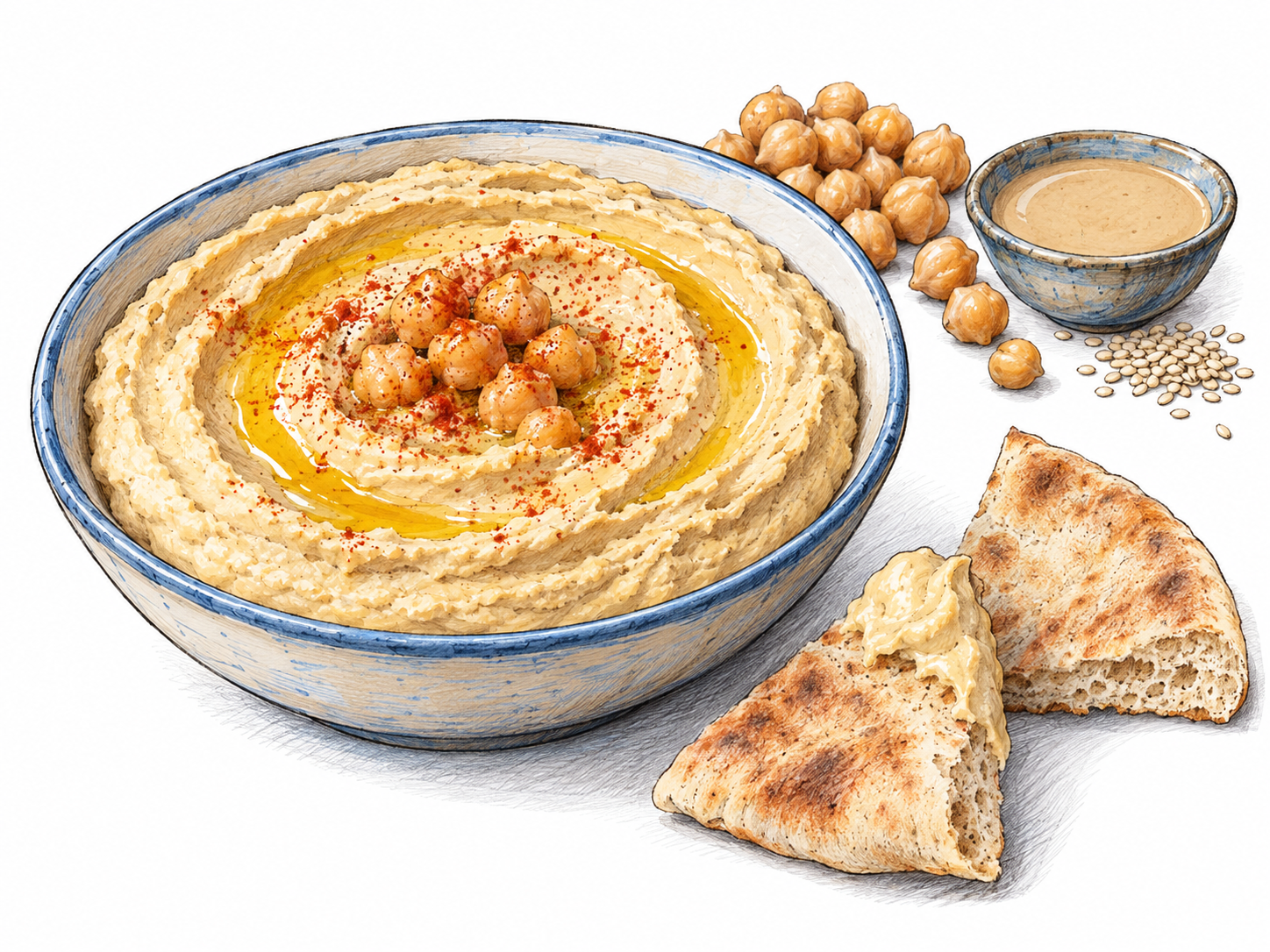 A shallow bowl of creamy hummus with a spooned spiral, olive oil and chickpea garnish, accompanied by pita wedges and small amounts of chickpeas and tahini to make the dip and its ingredients recognizable.
