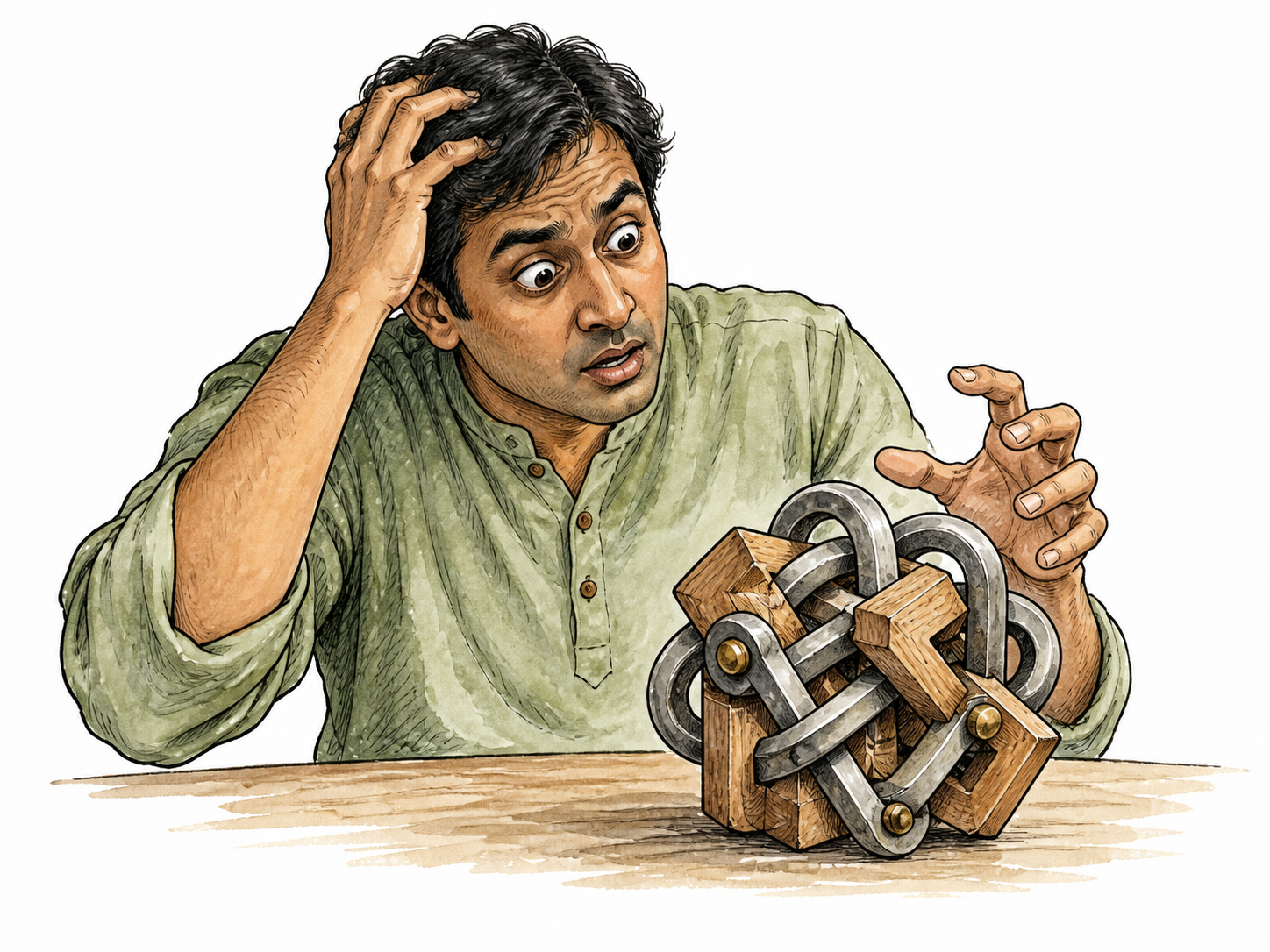 A South Asian adult stares astonished at an intricate tangled mechanical puzzle, raised brows and overwhelmed expression.