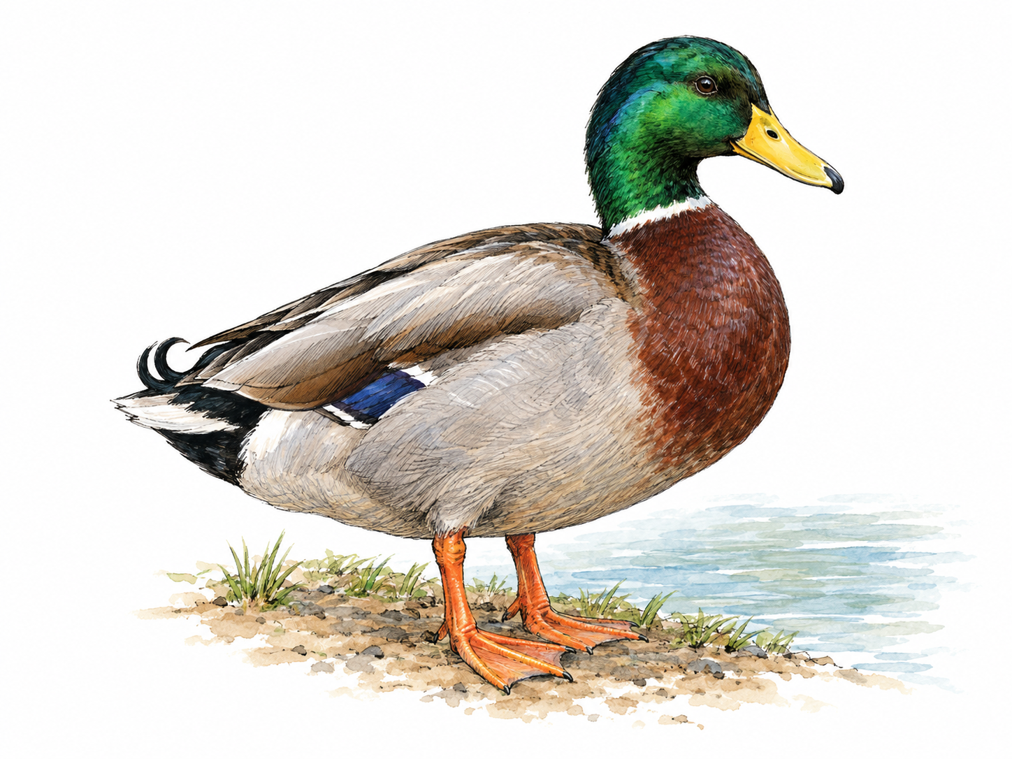 A single adult male mallard standing in profile beside a small patch of pond water, with unmistakable mature male breeding plumage.