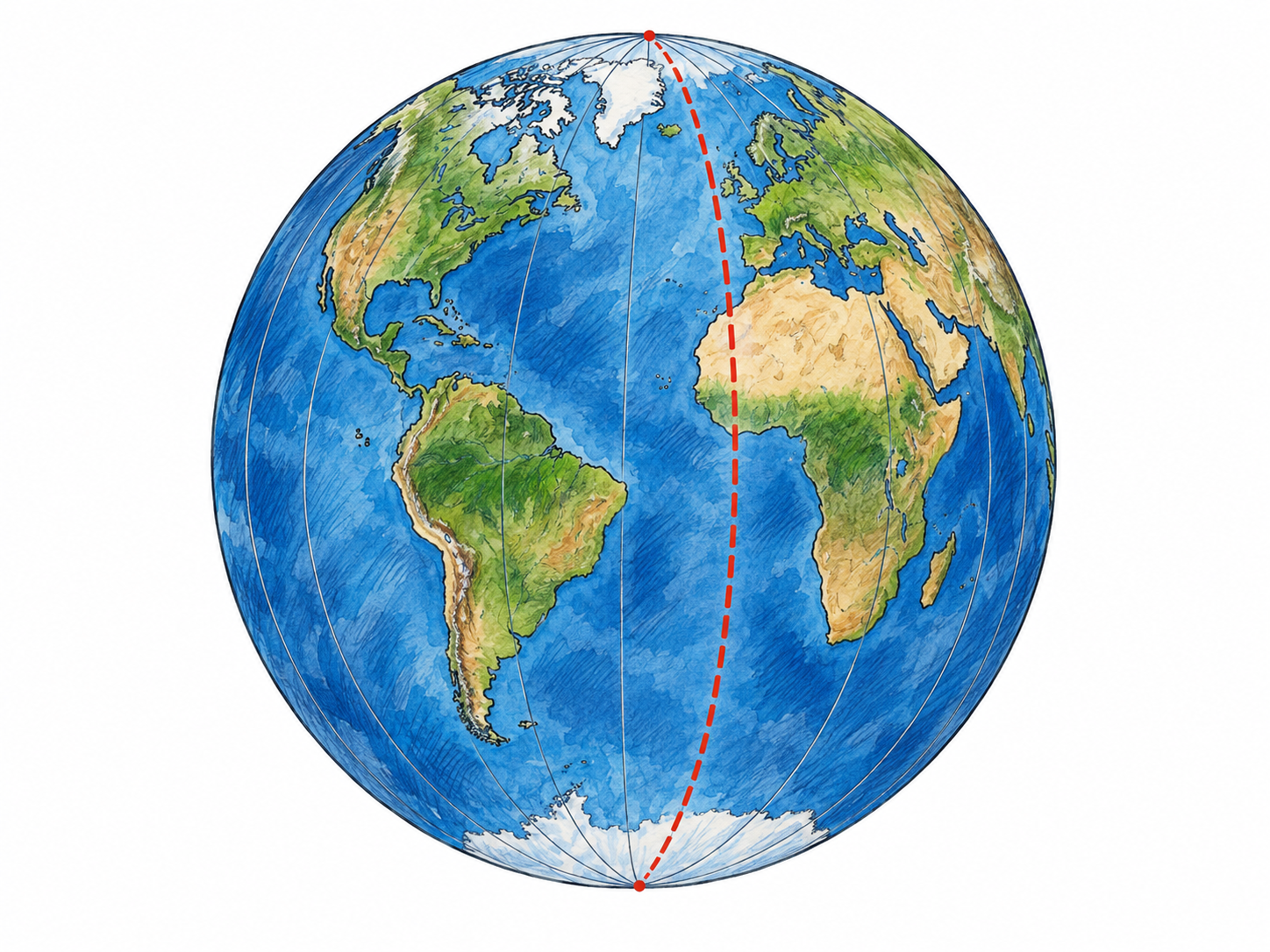 An isolated Earth globe with one prominent curved meridian running along its surface from the north pole to the south pole, distinguished from faint supporting longitude lines.