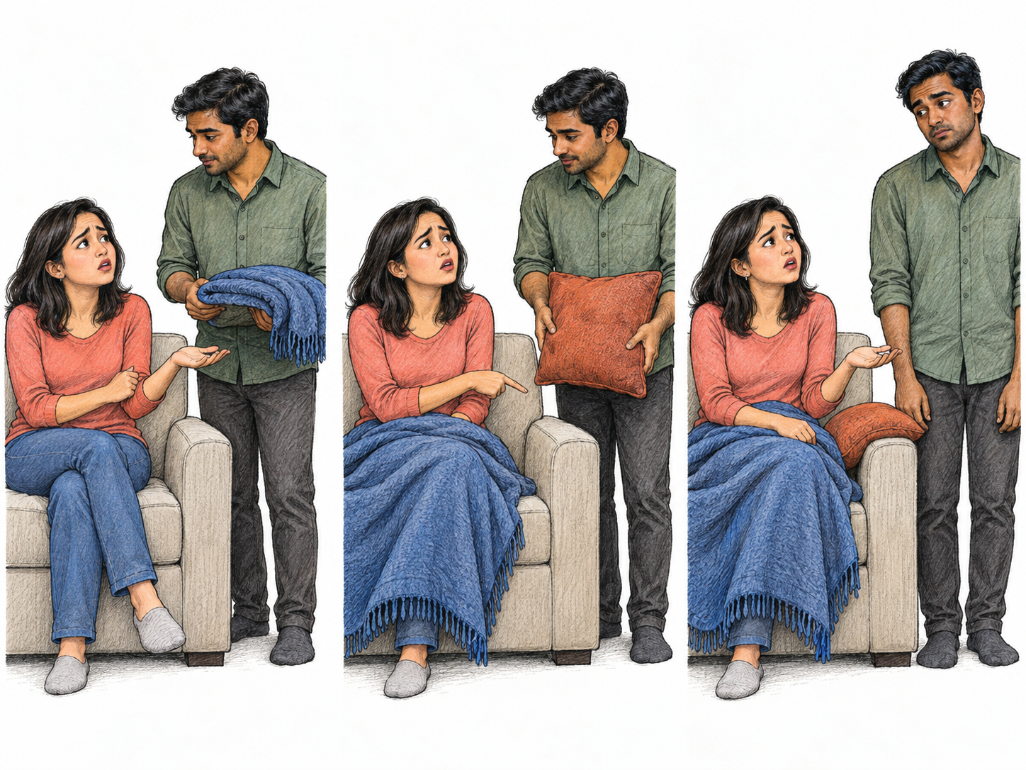 A compact three-moment sequence shows the same adult continuing to whine about minor discomfort even as her companion supplies a blanket and then a cushion.